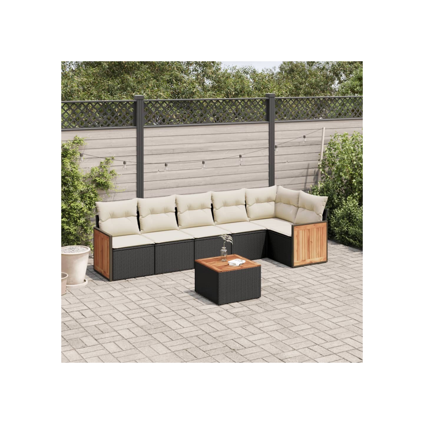 Salon de jardin 7 pcs avec coussins noir résine tressée