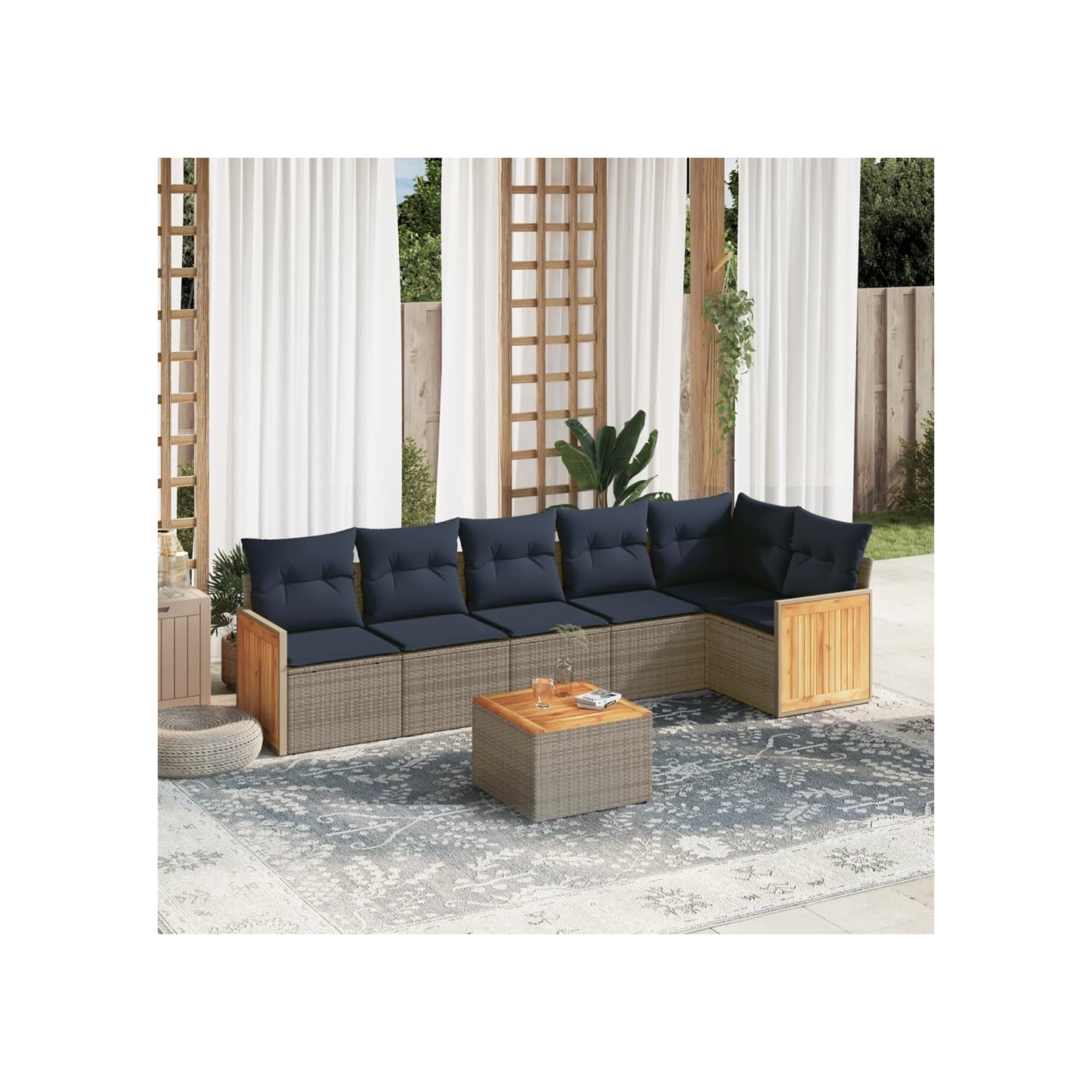 Ensemble de canapé de jardin 7 pcs avec coussins gris résine tressée