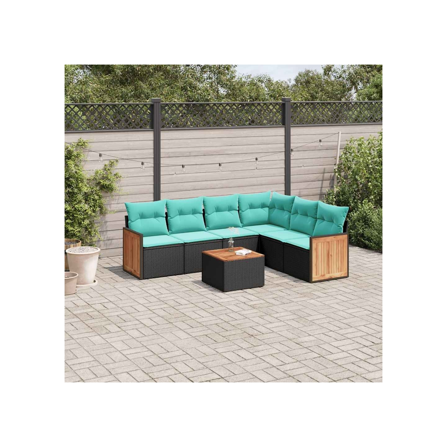 Ensemble de canapé de jardin 7 pcs avec coussins noir résine tressée