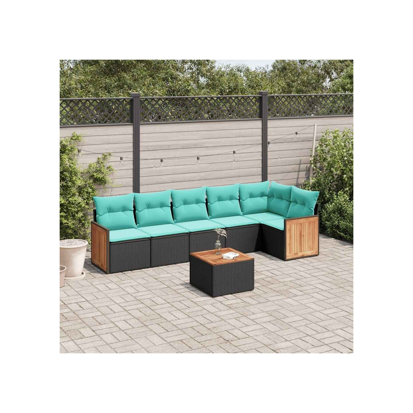 Ensemble de canapé de jardin 7 pcs avec coussins noir résine tressée