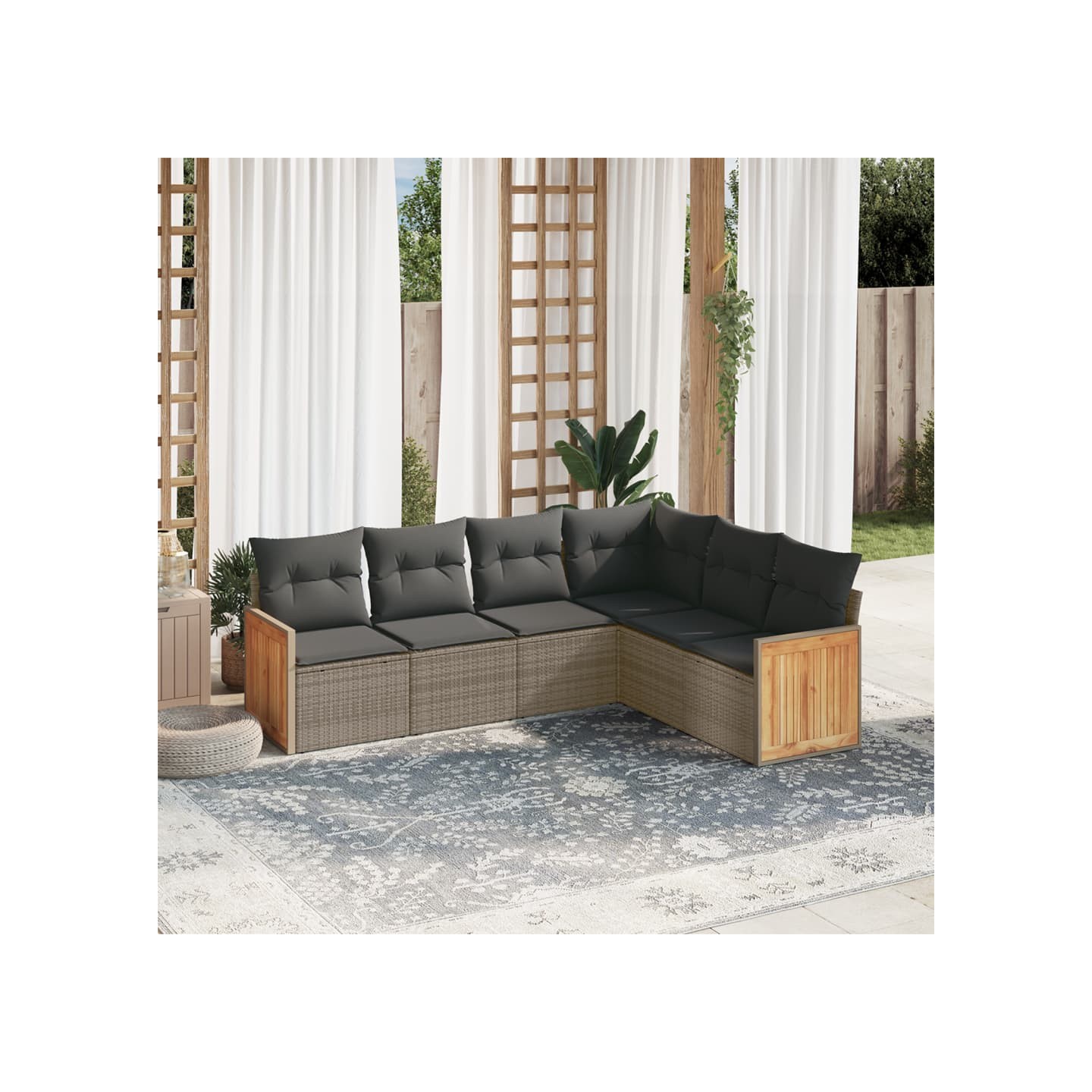 Salon de jardin 6 pcs avec coussins gris résine tressée