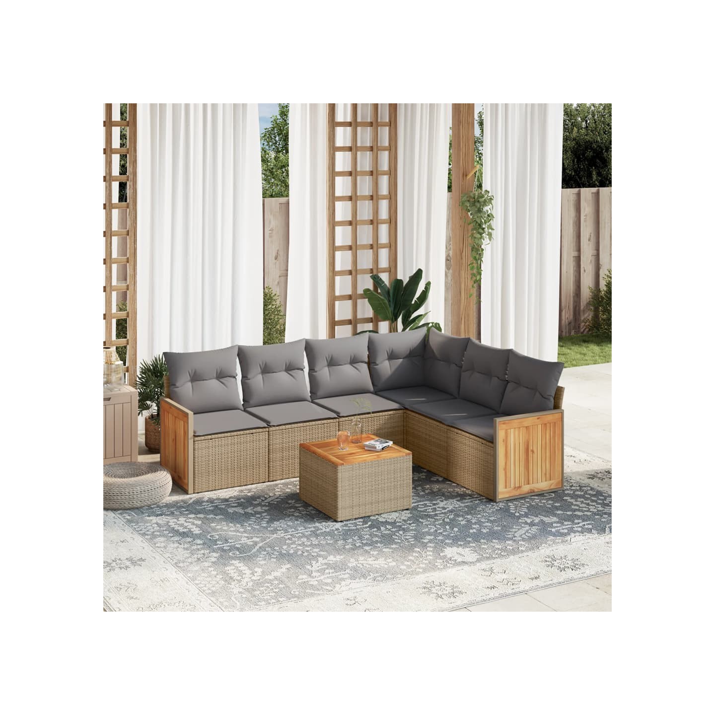 Salon de jardin avec coussins 7 pcs beige résine tressée