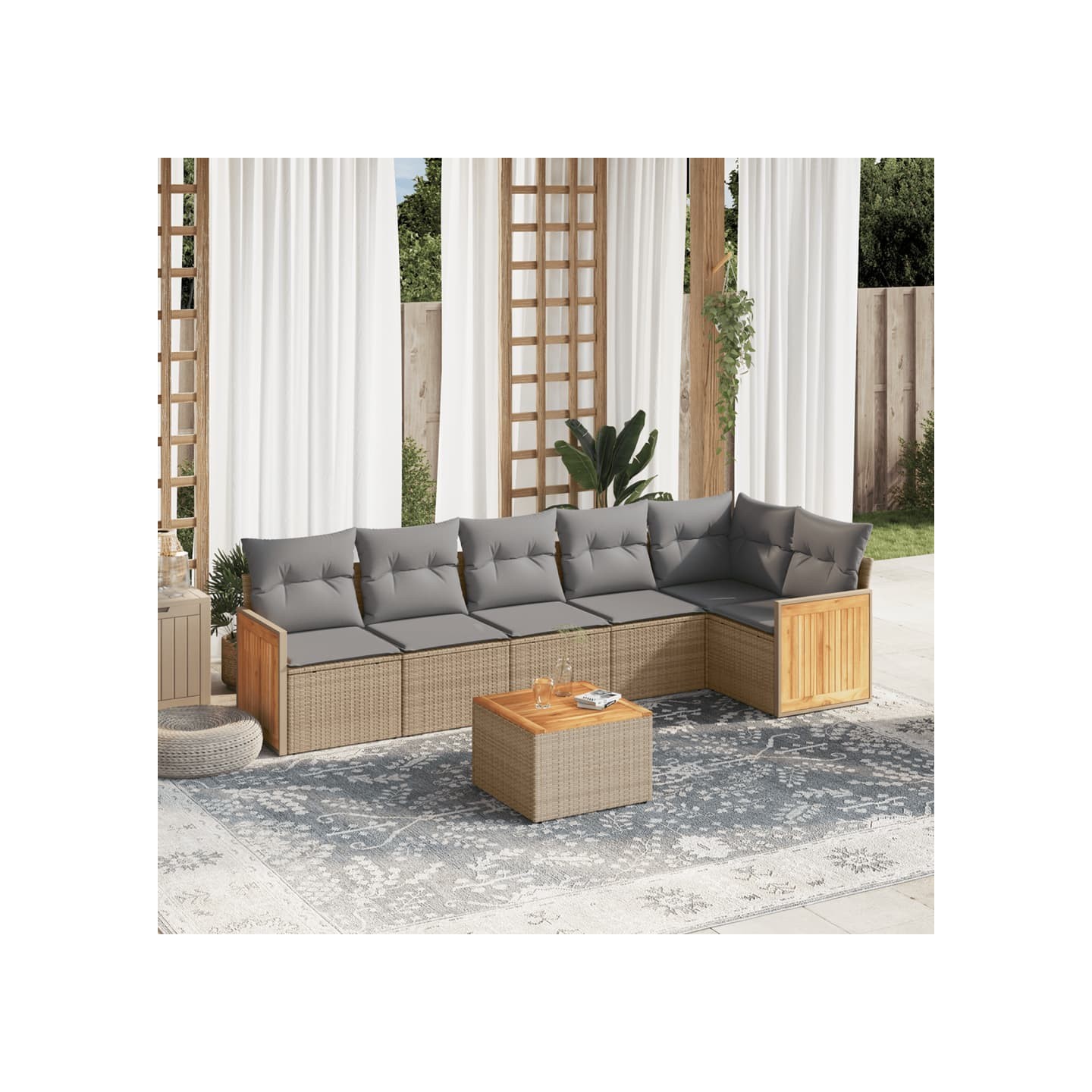Salon de jardin avec coussins 7 pcs beige résine tressée