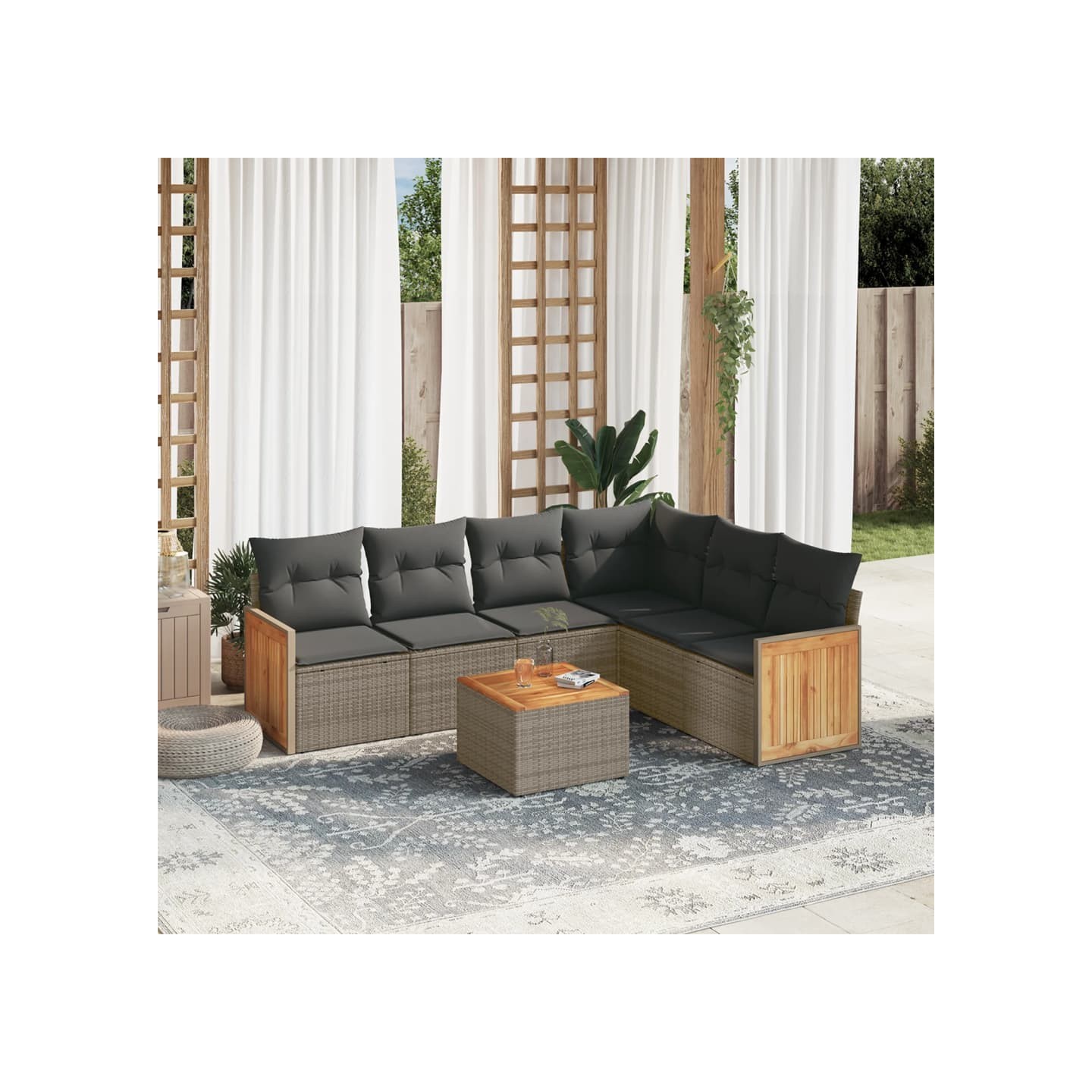 Salon de jardin avec coussins 7 pcs gris résine tressée