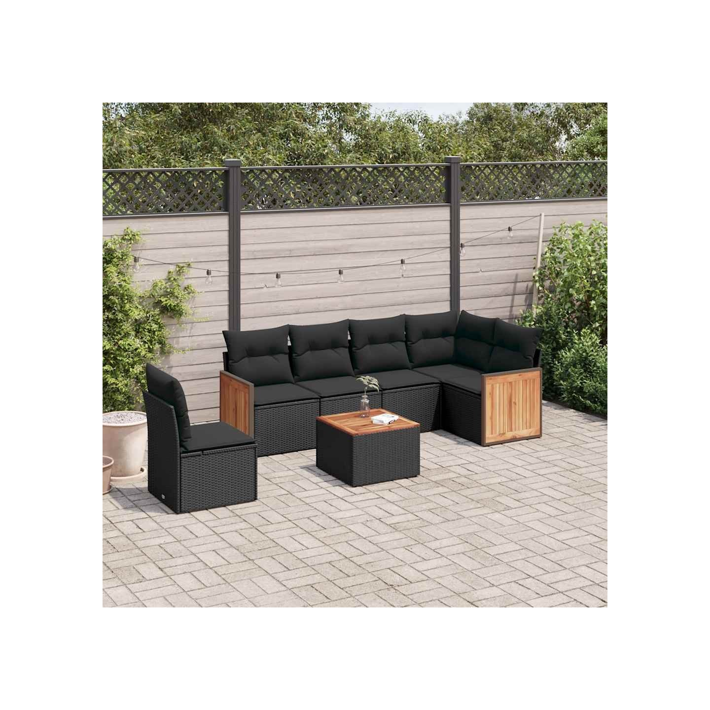Salon de jardin 7 pcs avec coussins noir résine tressée