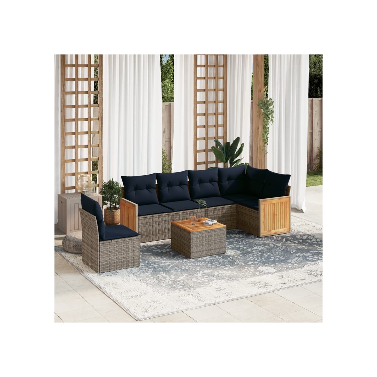 Ensemble de canapé de jardin 7 pcs avec coussins gris résine tressée