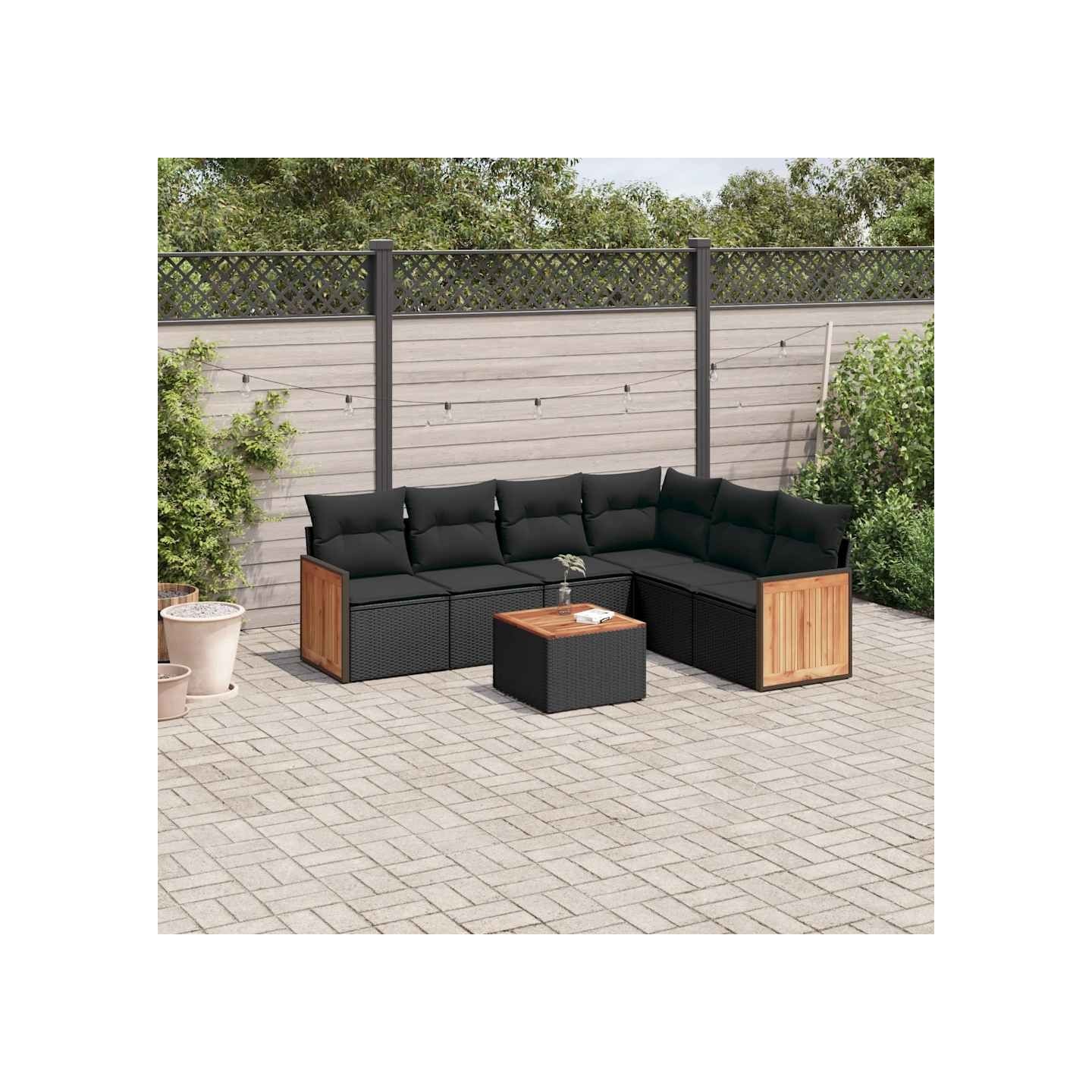 Salon de jardin 7 pcs avec coussins noir résine tressée