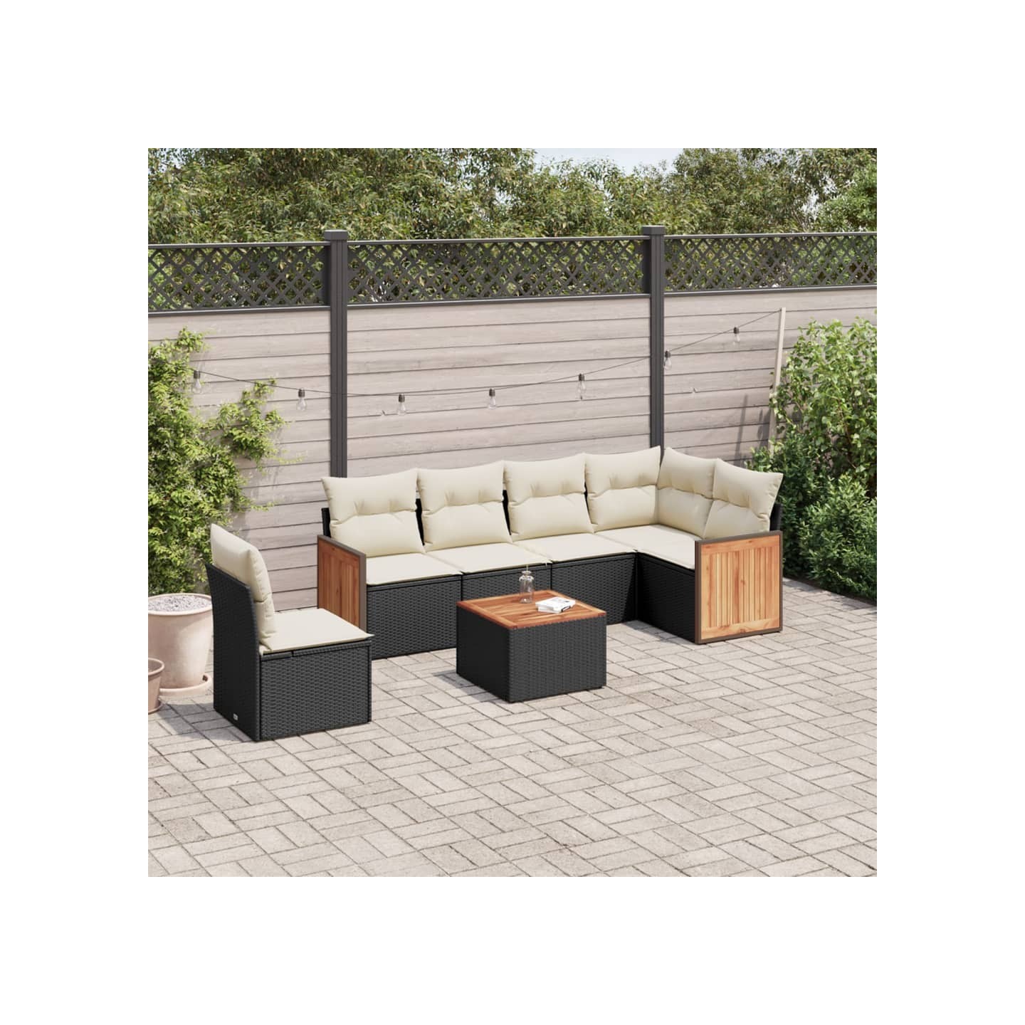 Salon de jardin 7 pcs avec coussins noir résine tressée