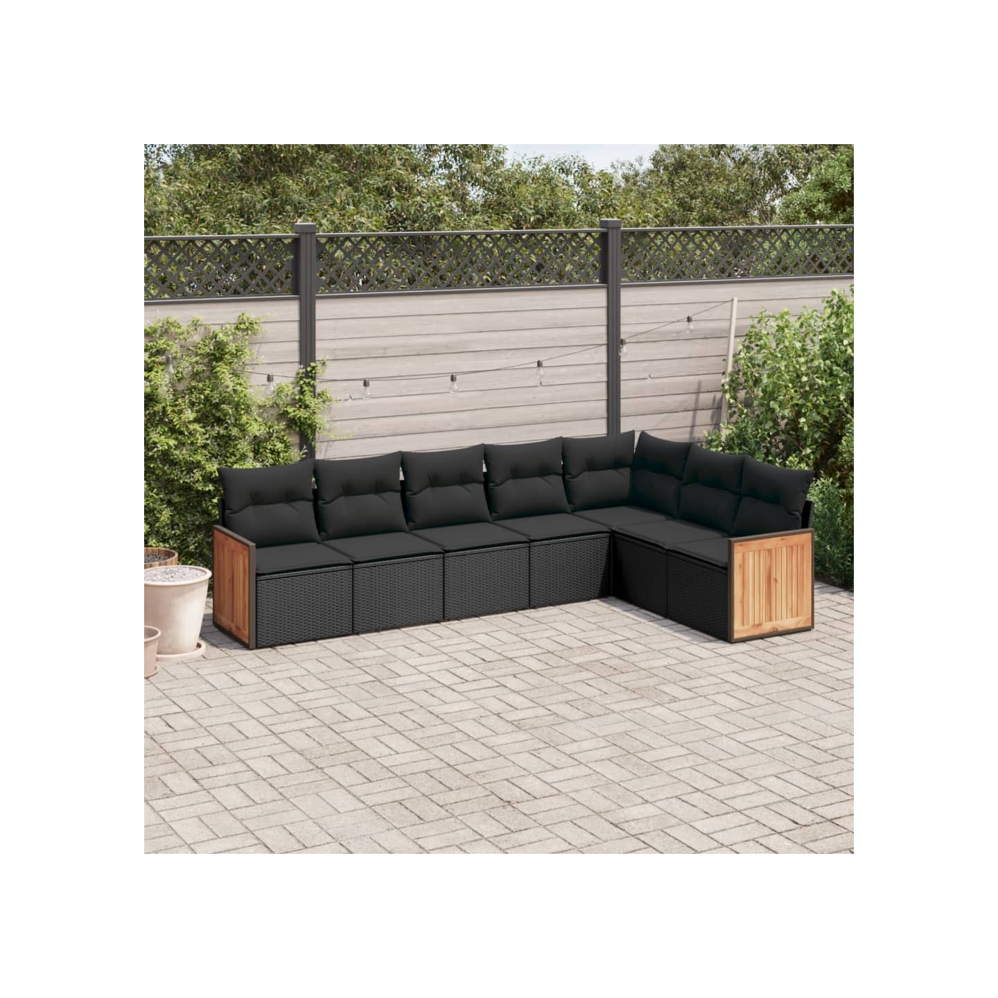 Salon de jardin 7 pcs avec coussins noir résine tressée