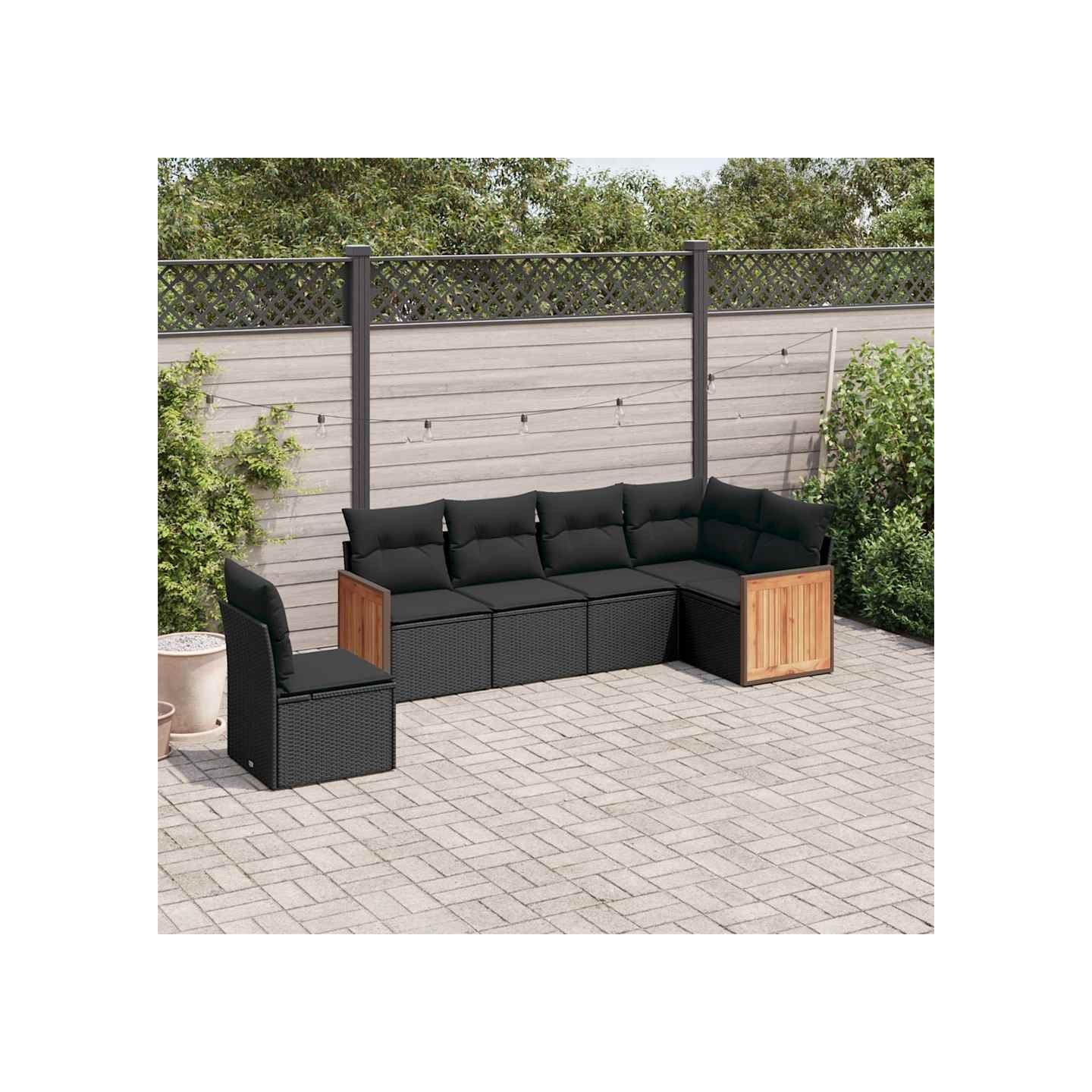 Salon de jardin 6 pcs avec coussins noir résine tressée