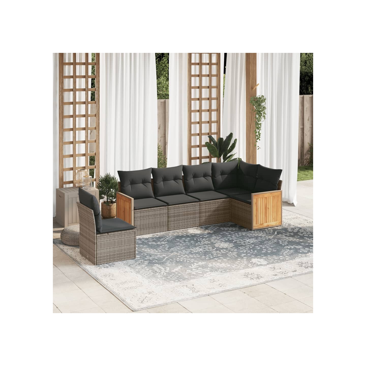 Salon de jardin 6 pcs avec coussins gris résine tressée