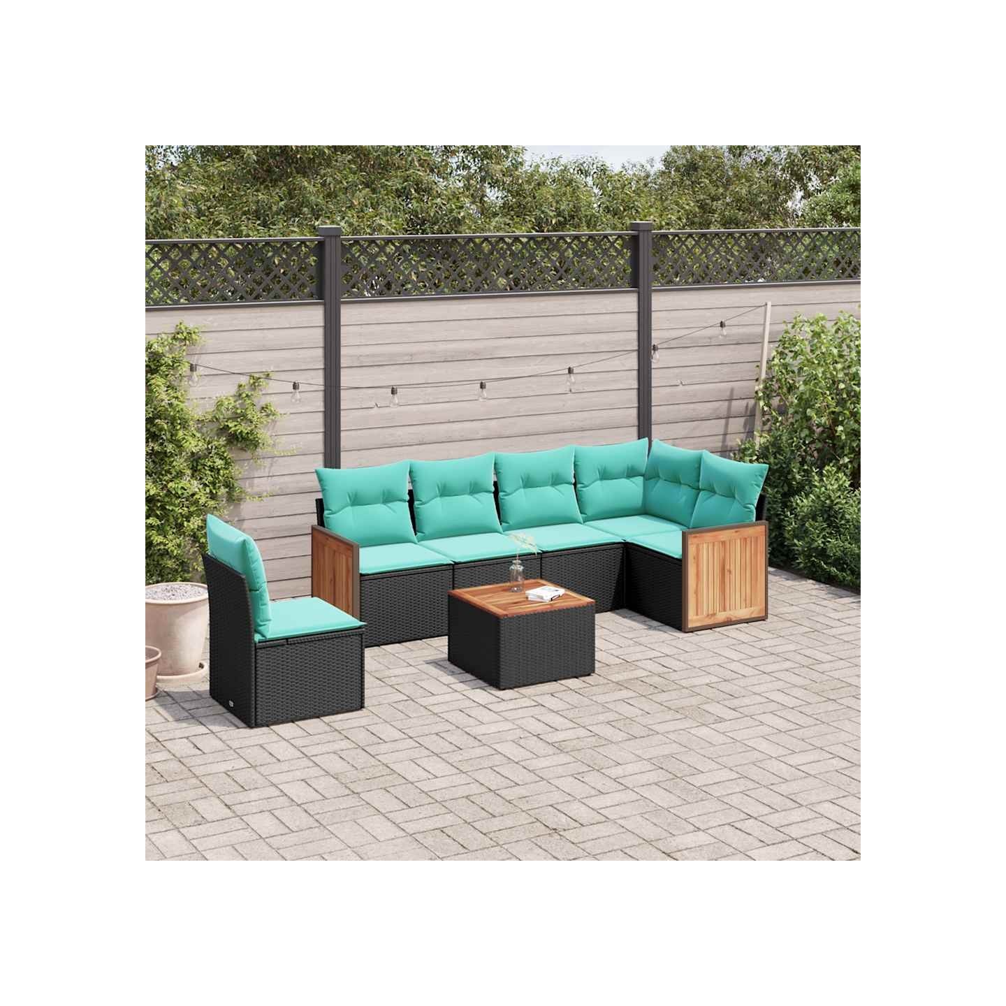 Ensemble de canapé de jardin 7 pcs avec coussins noir résine tressée