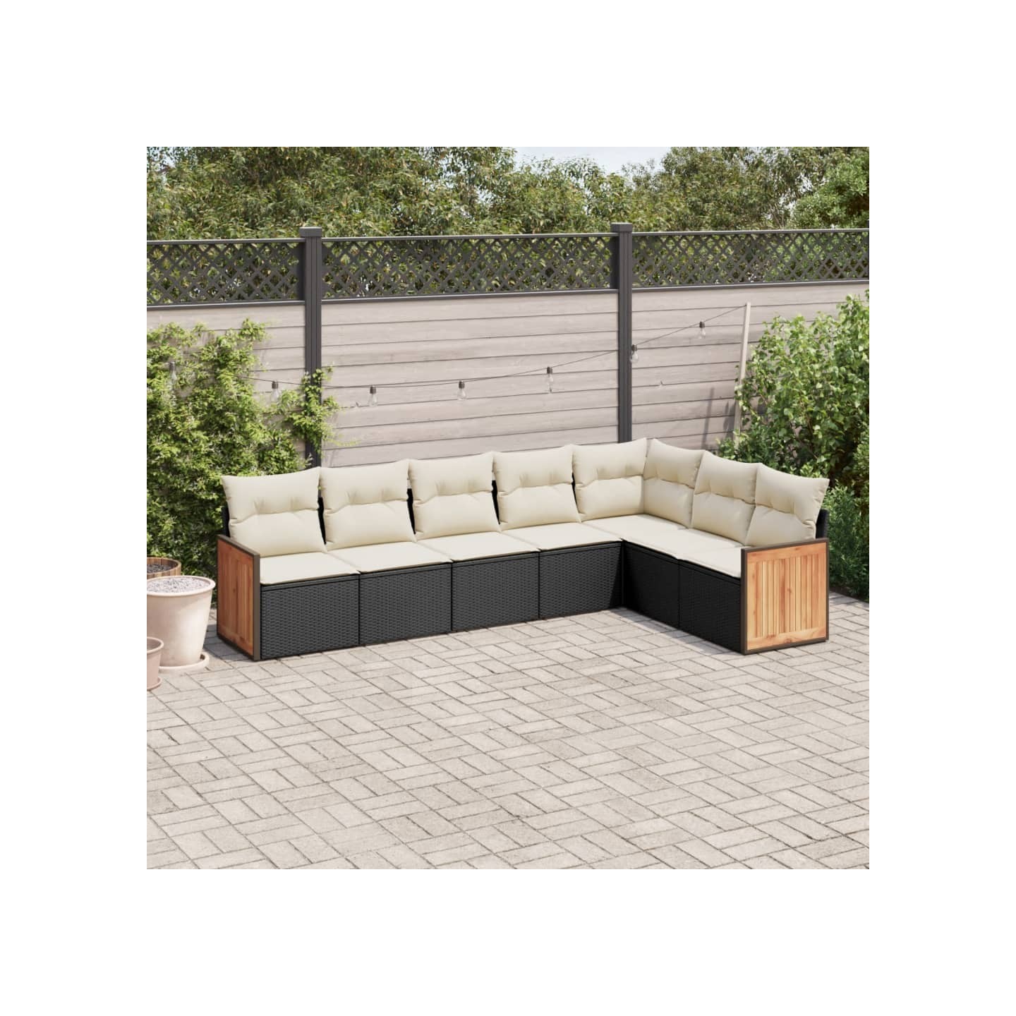 Salon de jardin 7 pcs avec coussins noir résine tressée