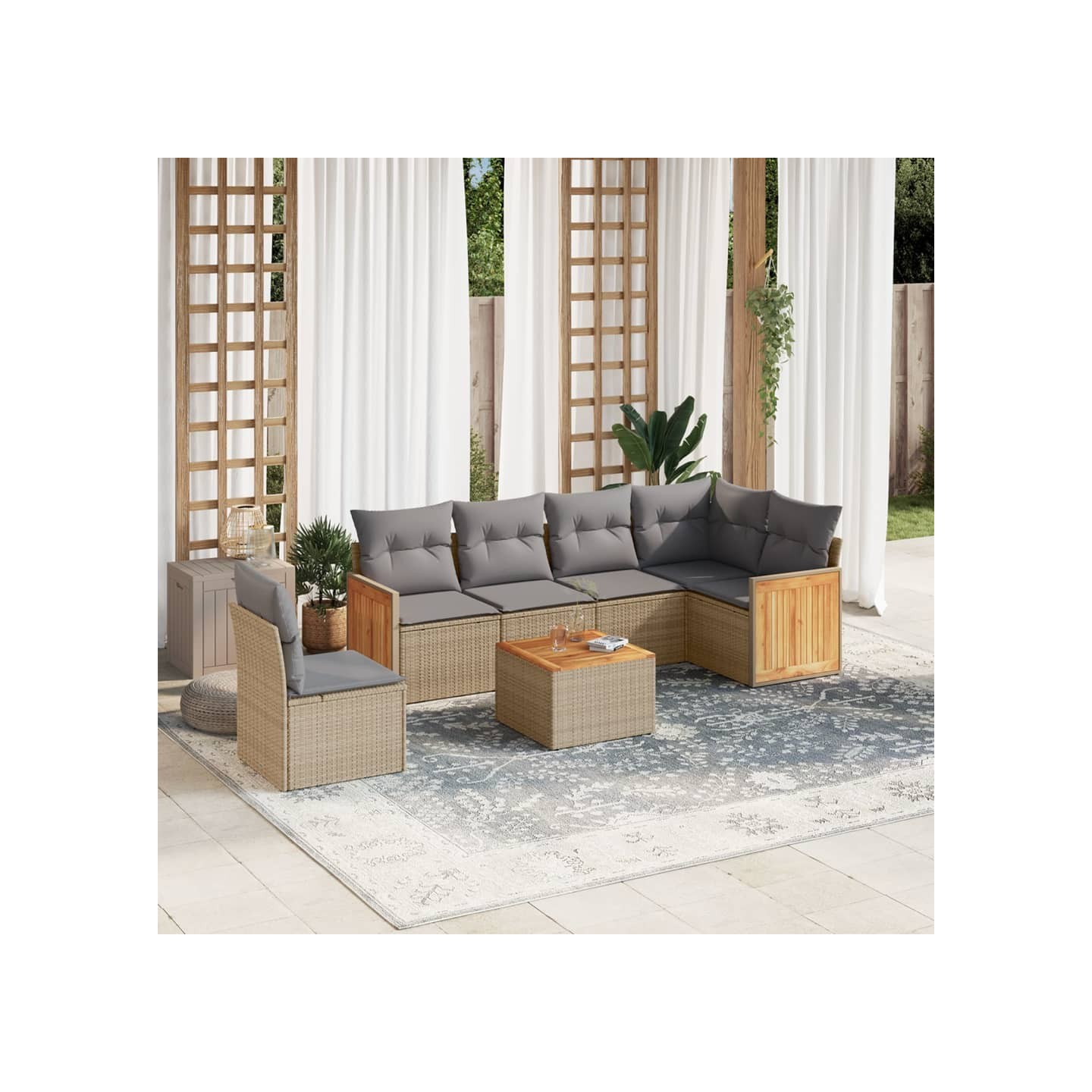 Salon de jardin avec coussins 7 pcs beige résine tressée