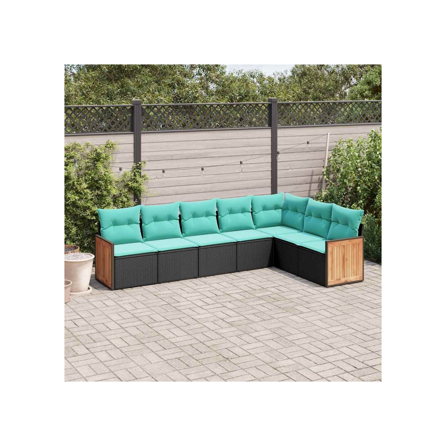 Salon de jardin 7 pcs avec coussins noir résine tressée