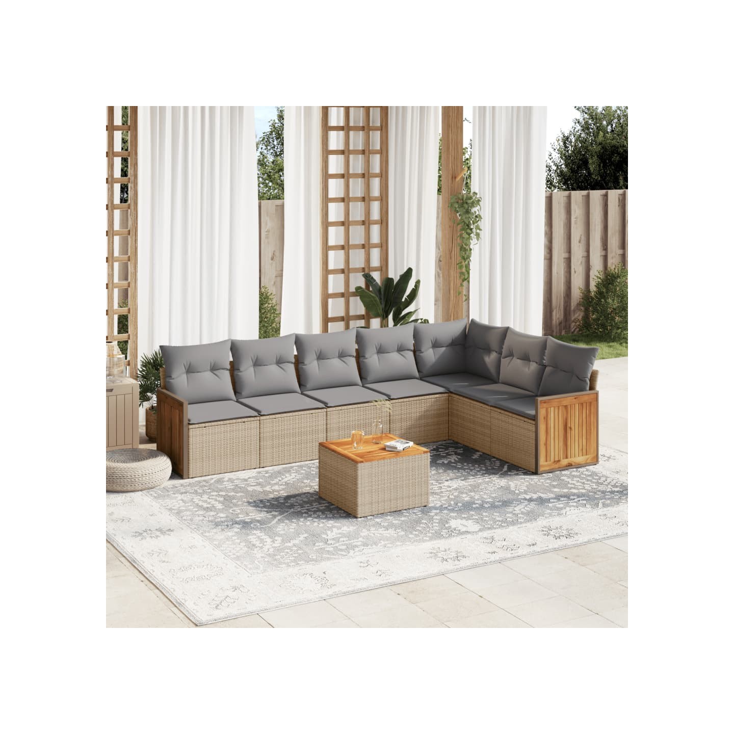 Salon de jardin avec coussins 8 pcs beige résine tressée