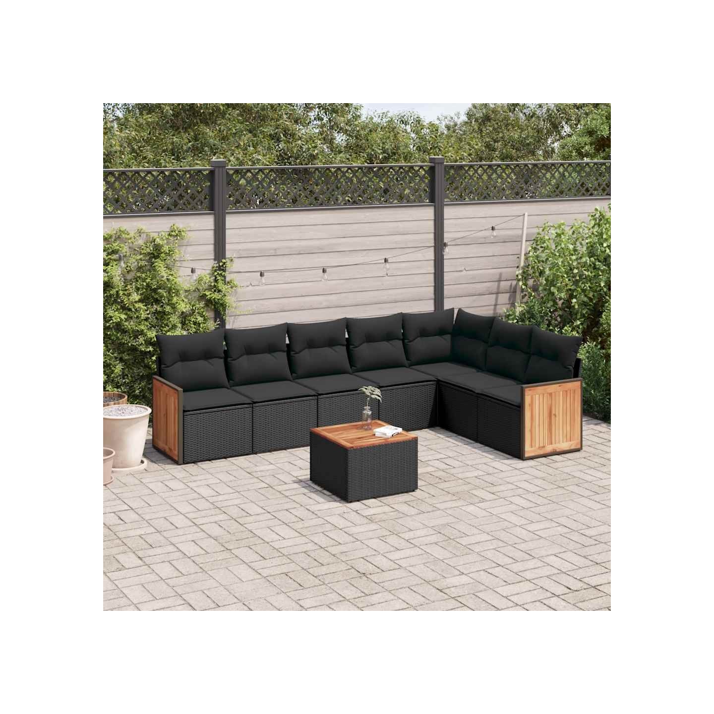 Salon de jardin 8 pcs avec coussins noir résine tressée