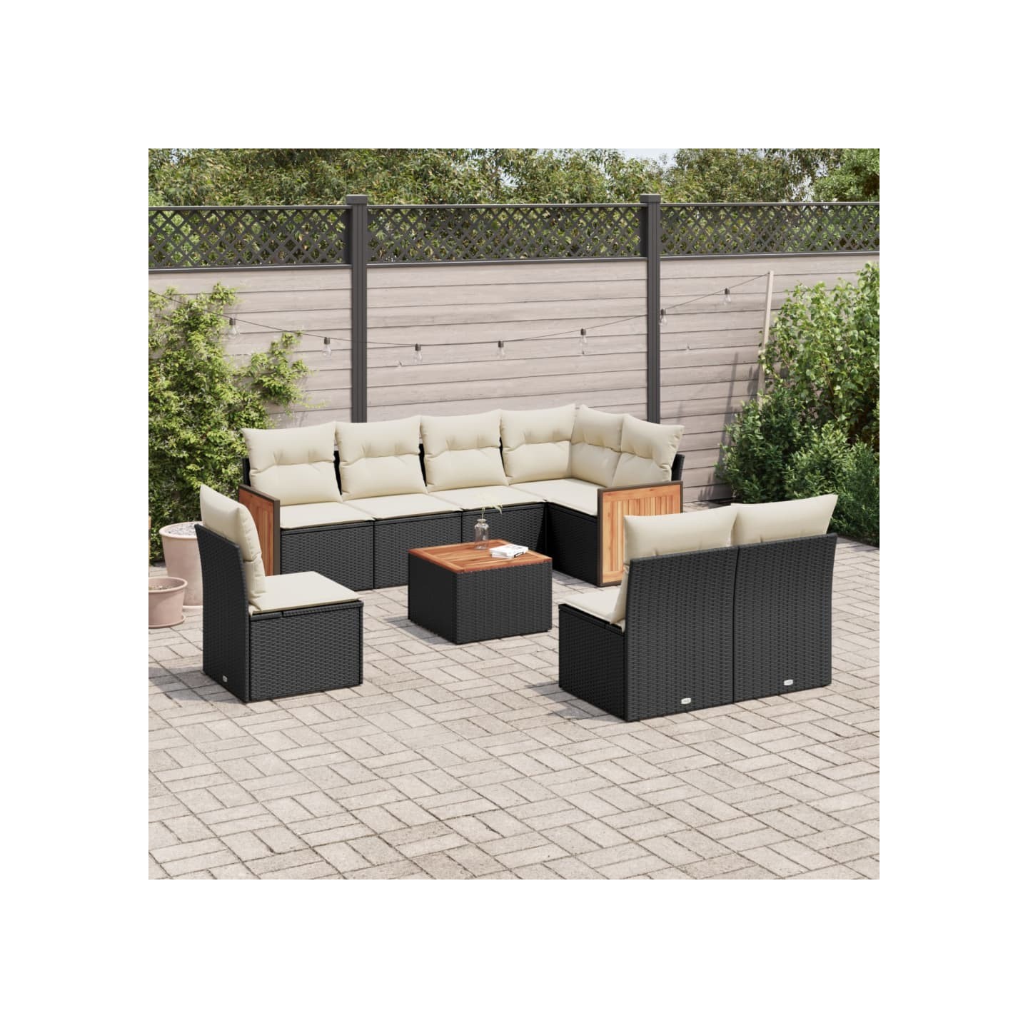 Salon de jardin 9 pcs avec coussins noir résine tressée