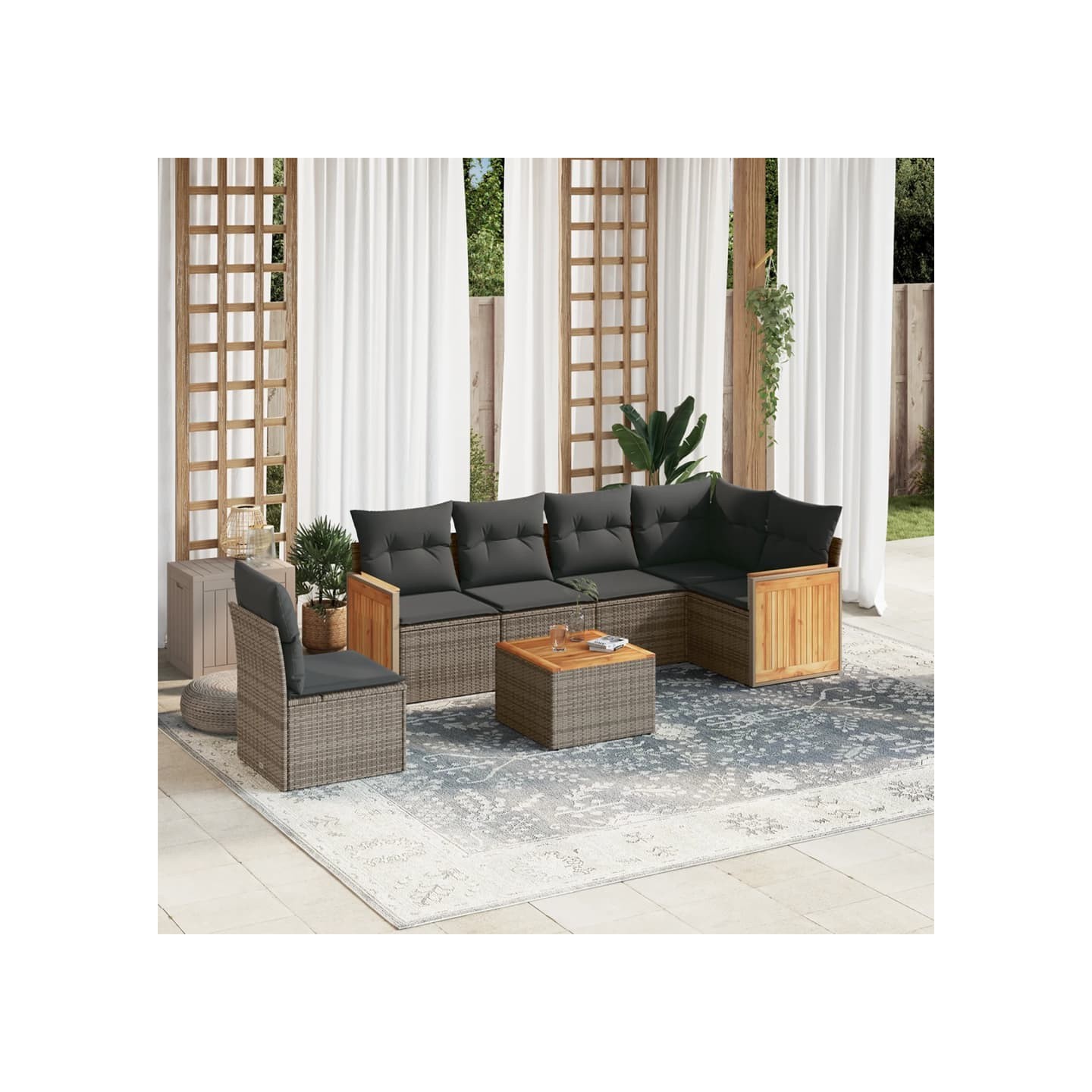 Salon de jardin avec coussins 7 pcs gris résine tressée
