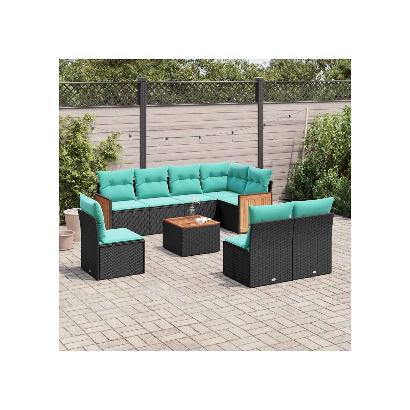 Ensemble de canapé de jardin 9 pcs avec coussins noir résine tressée