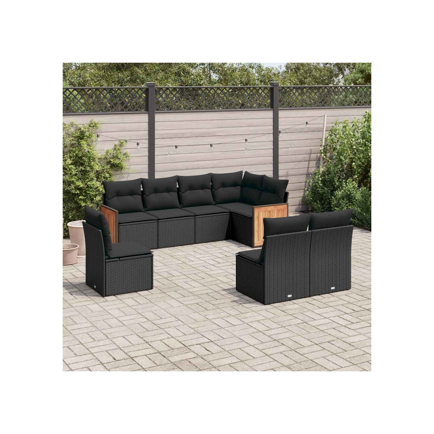 Salon de jardin 8 pcs avec coussins noir résine tressée