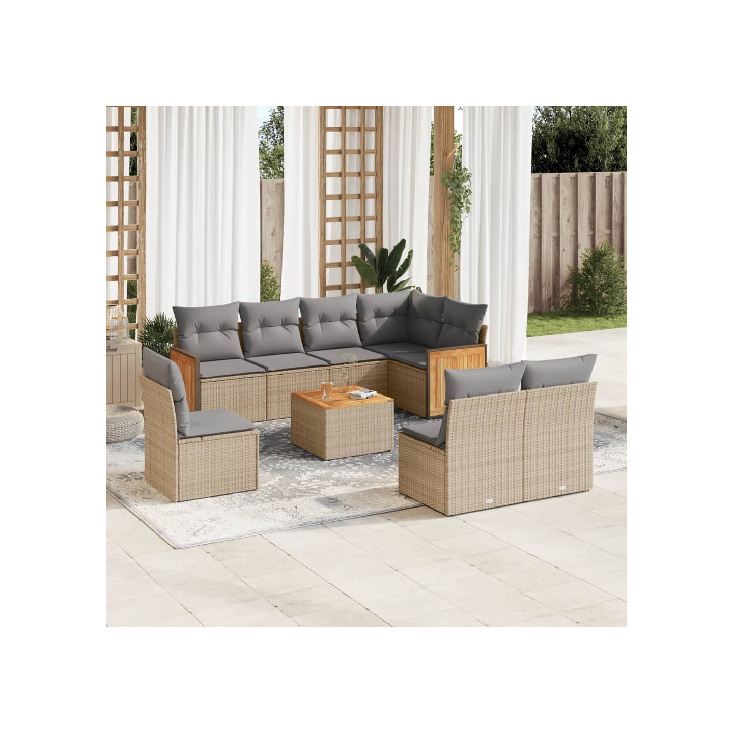 Salon de jardin avec coussins 9 pcs beige résine tressée