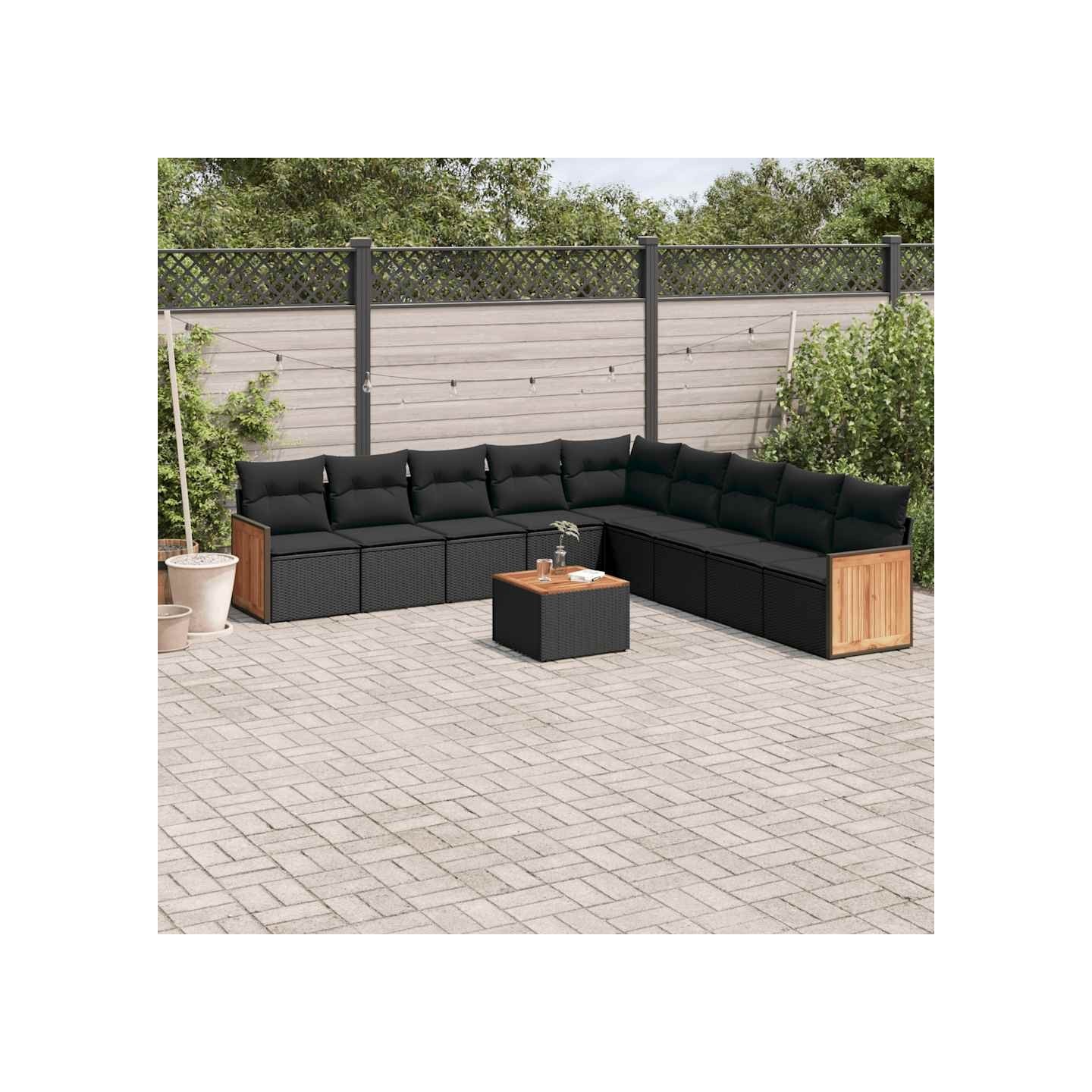 Salon de jardin 10 pcs avec coussins noir résine tressée