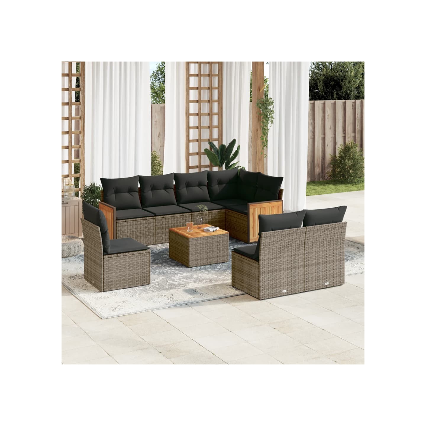 Salon de jardin 9 pcs avec coussins gris résine tressée