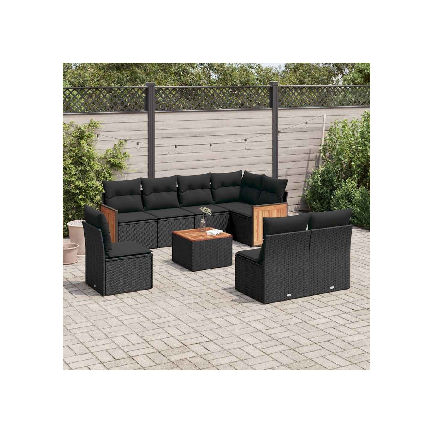 Salon de jardin 9 pcs avec coussins noir résine tressée