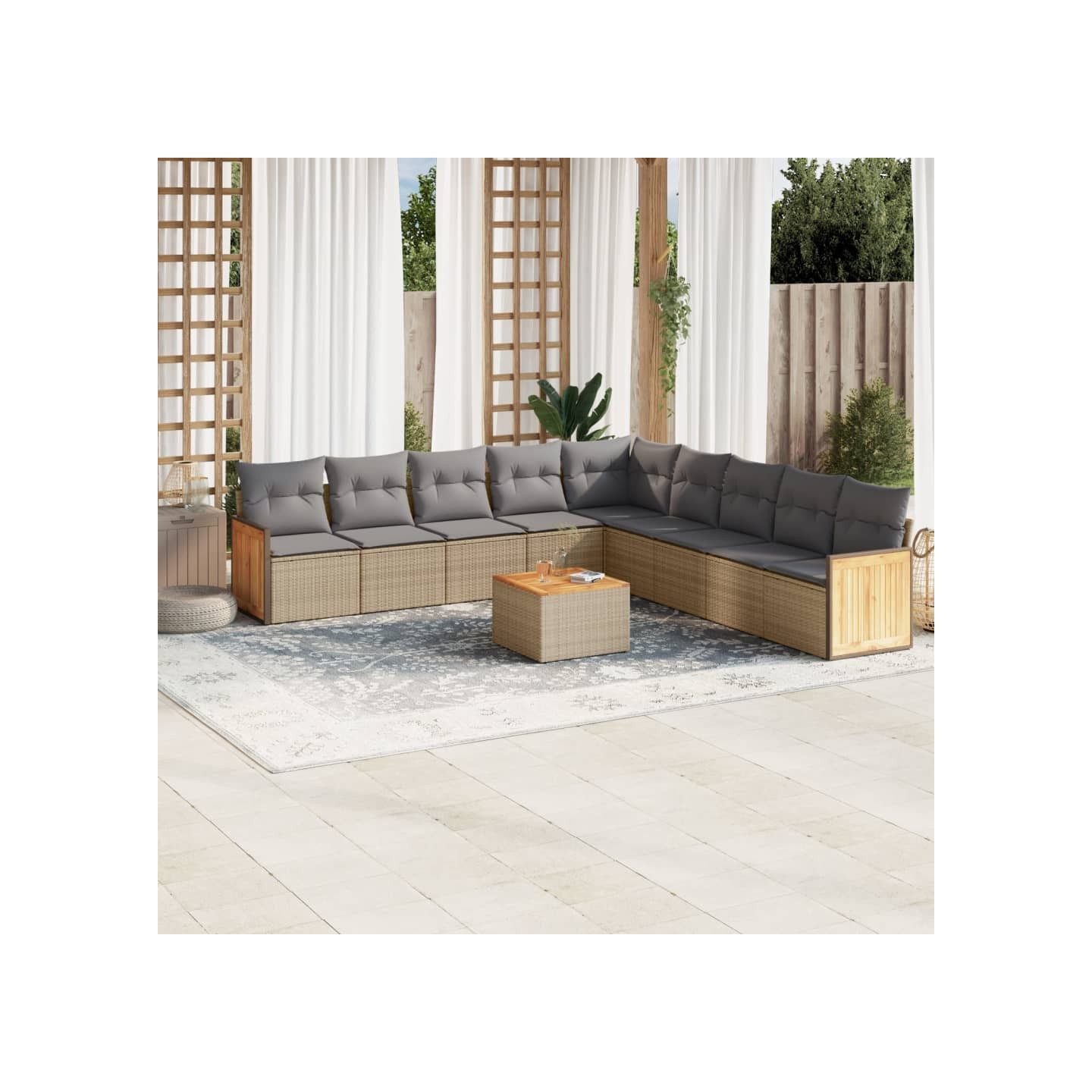 Salon de jardin avec coussins 10 pcs beige résine tressée