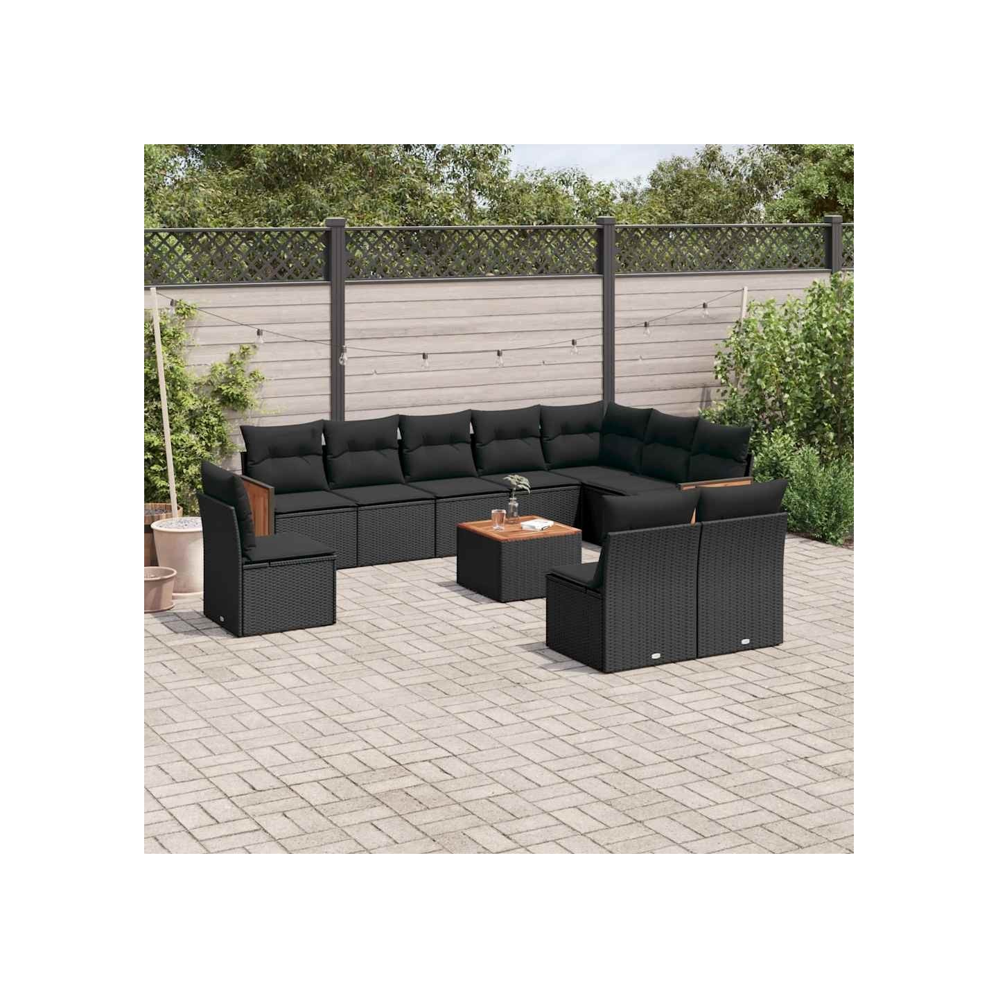 Salon de jardin 11 pcs avec coussins noir résine tressée