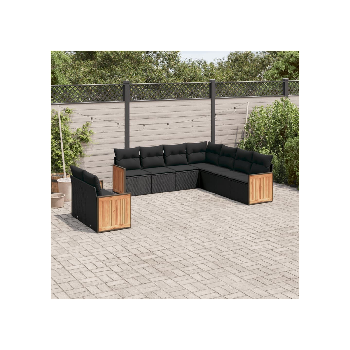 Salon de jardin 9 pcs avec coussins noir résine tressée