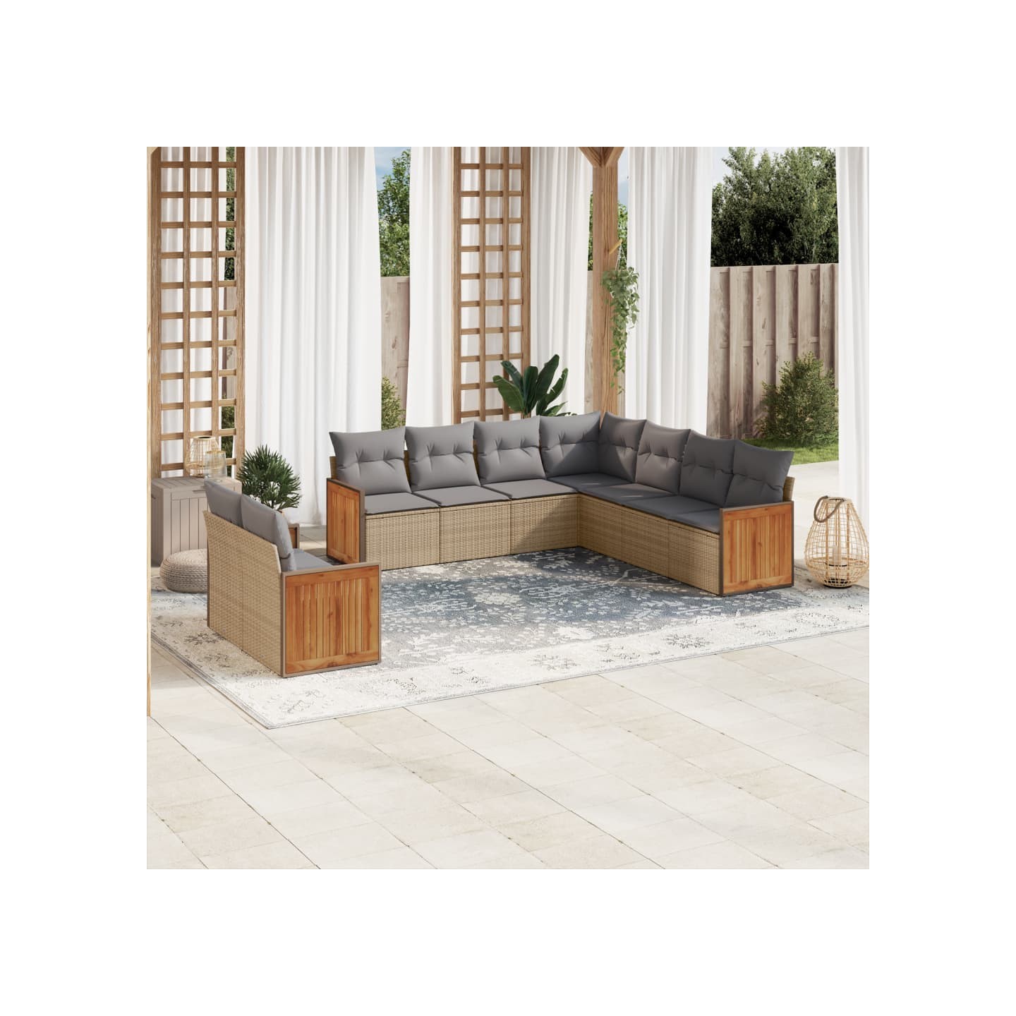 Salon de jardin avec coussins 9 pcs beige résine tressée