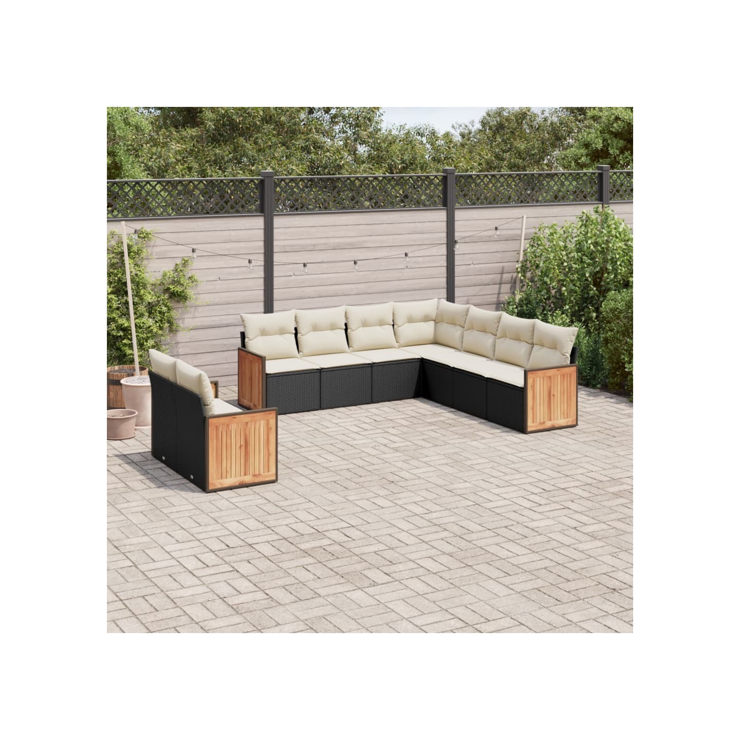 Salon de jardin 9 pcs avec coussins noir résine tressée