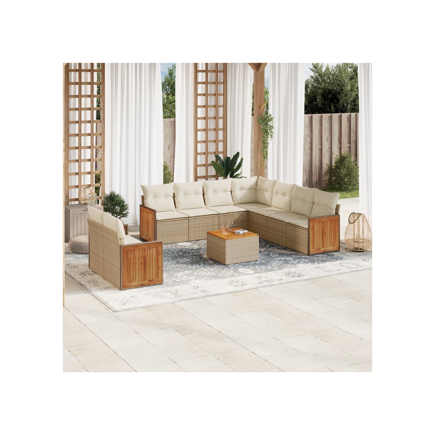 Salon de jardin avec coussins 10 pcs beige résine tressée