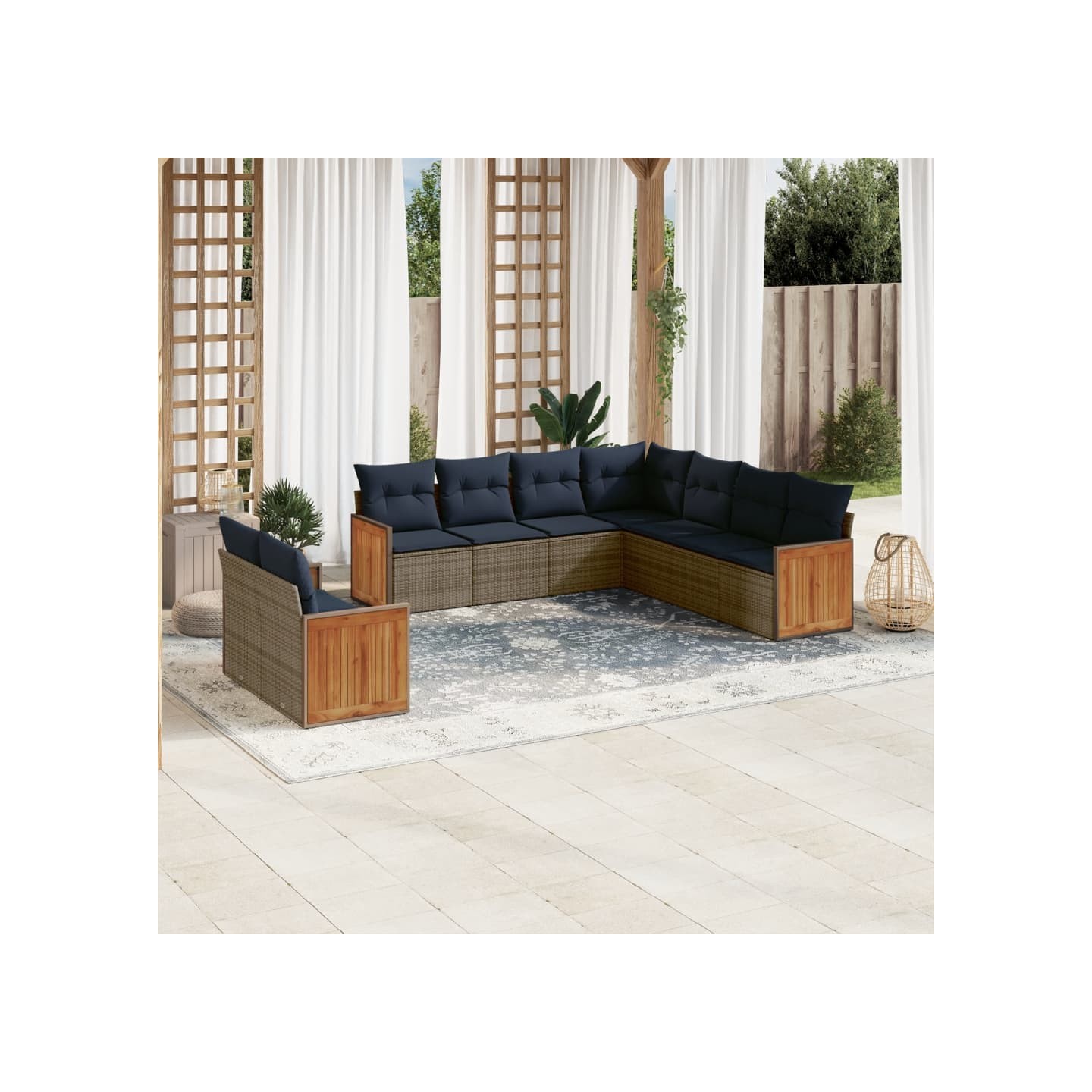 Ensemble de canapé de jardin 9 pcs avec coussins gris résine tressée