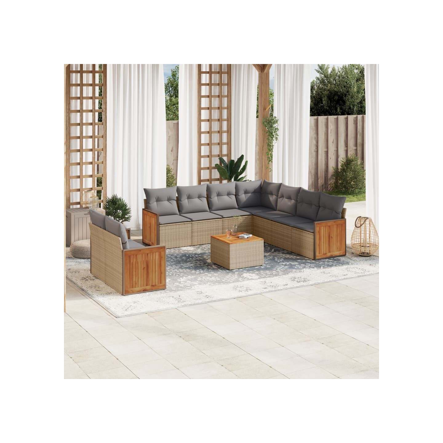 Salon de jardin avec coussins 10 pcs beige résine tressée