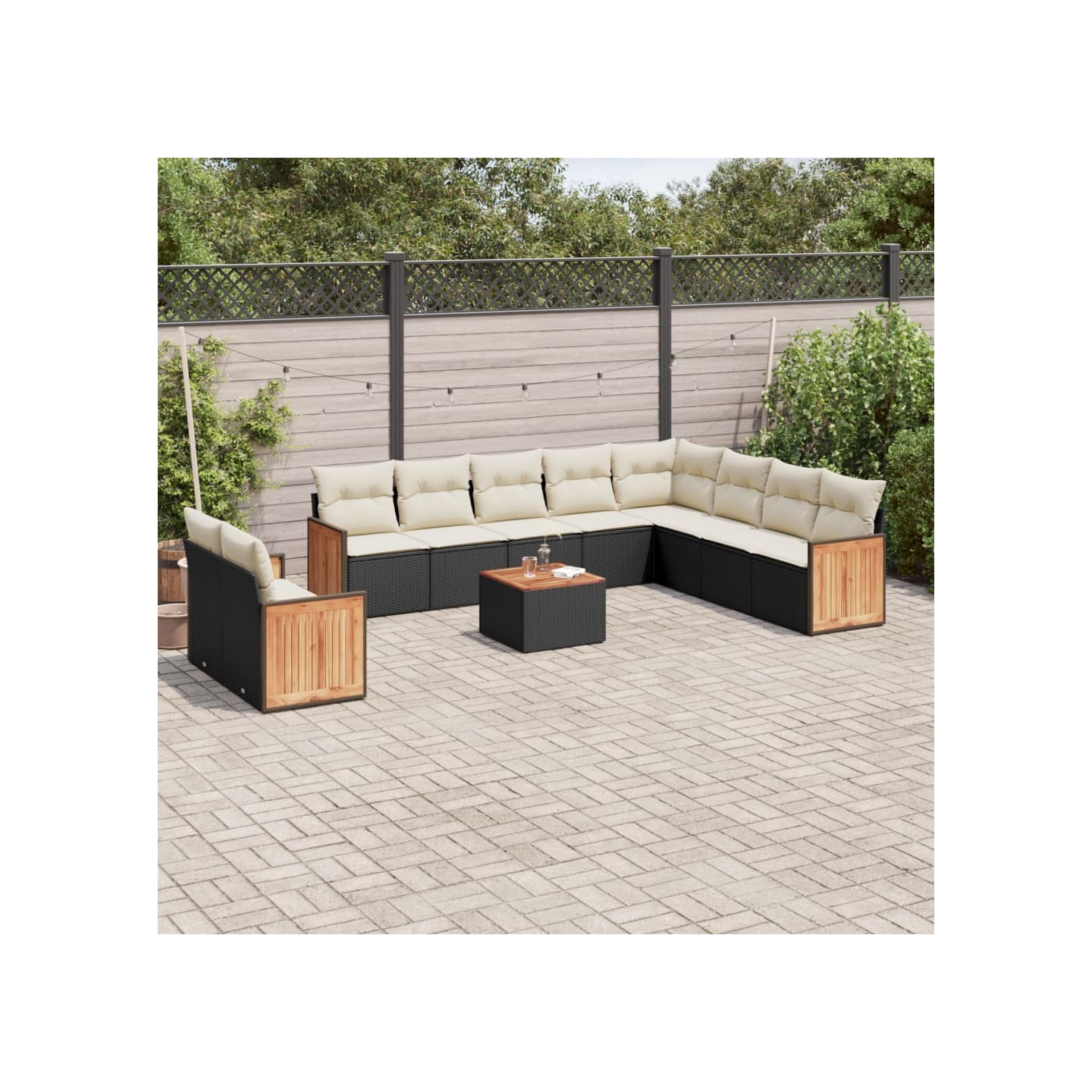 Salon de jardin 11 pcs avec coussins noir résine tressée