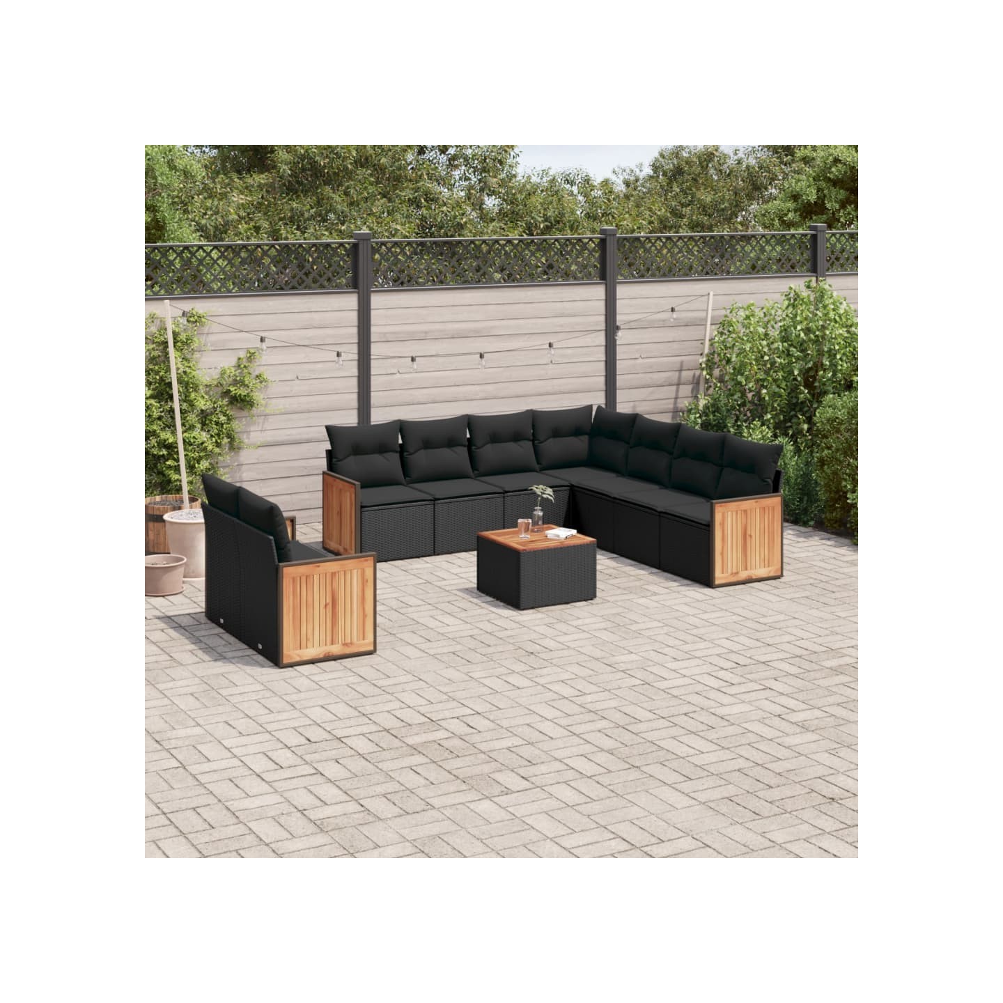 Salon de jardin 10 pcs avec coussins noir résine tressée
