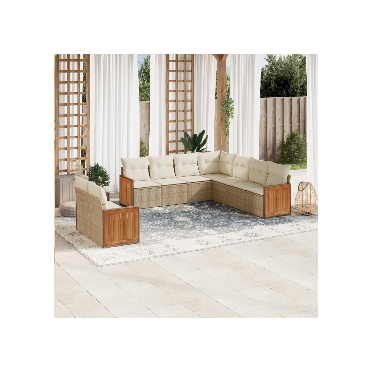 Salon de jardin avec coussins 9 pcs beige résine tressée