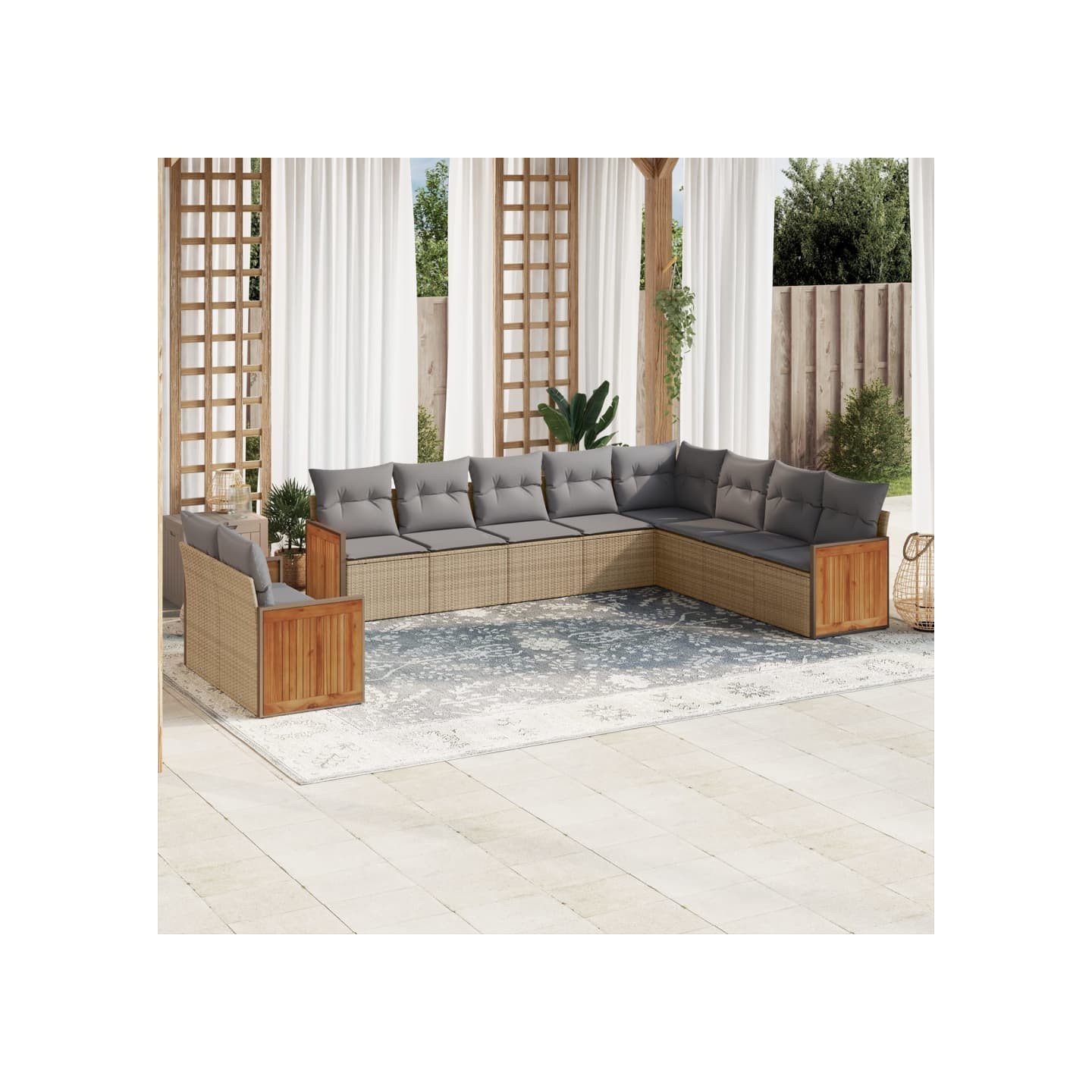 Salon de jardin avec coussins 10 pcs beige résine tressée