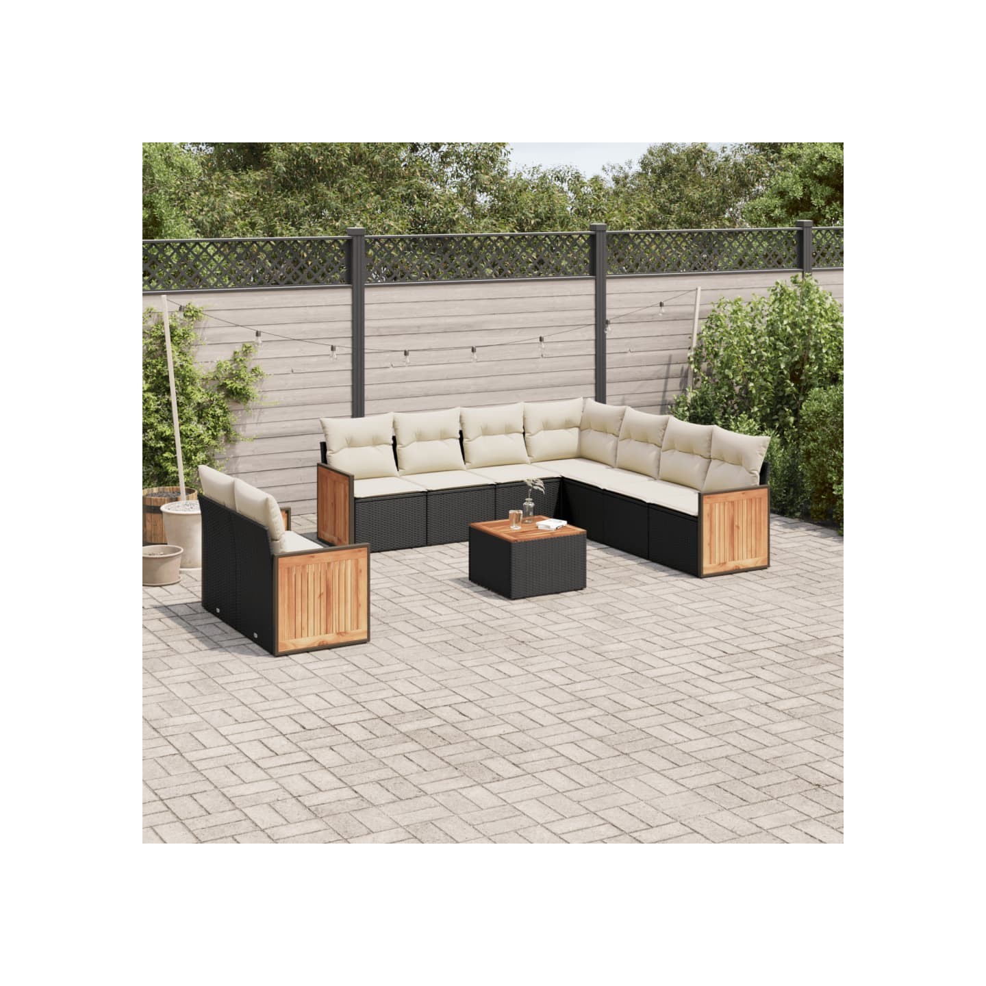 Salon de jardin 10 pcs avec coussins noir résine tressée