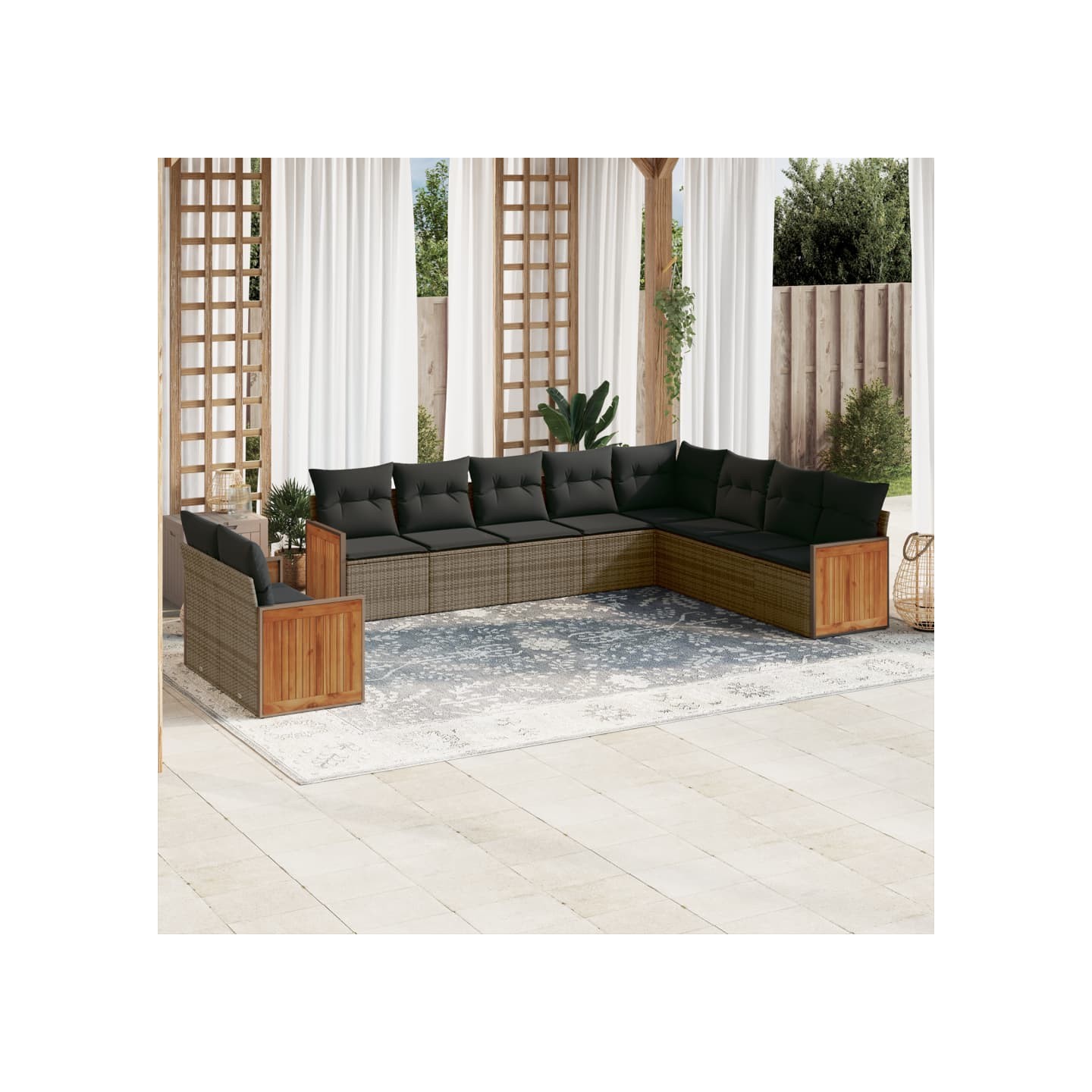 Salon de jardin avec coussins 10 pcs gris résine tressée