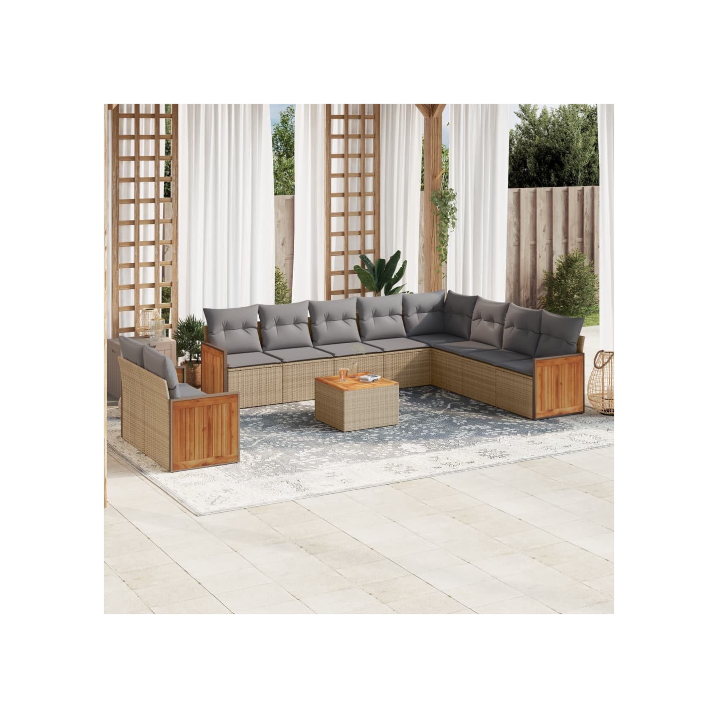 Salon de jardin 11 pcs avec coussins beige résine tressée