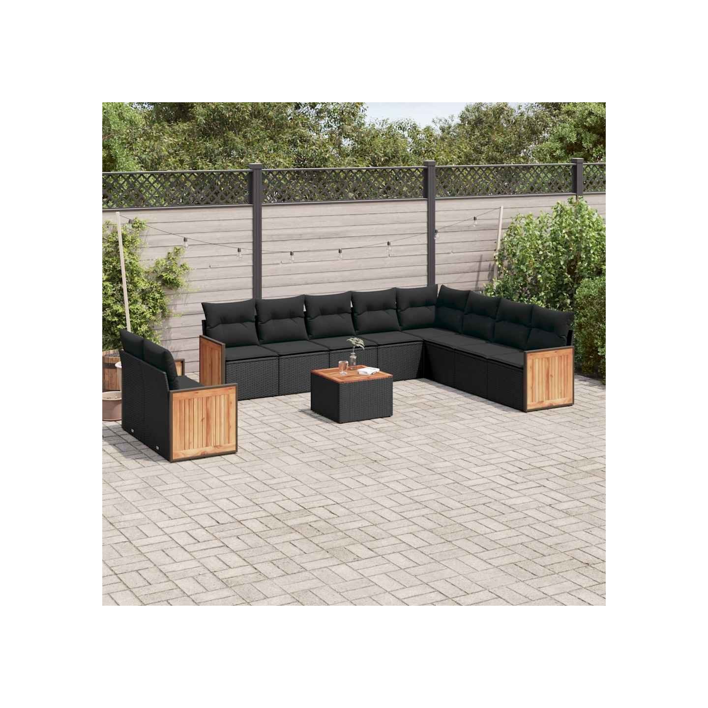 Salon de jardin 11 pcs avec coussins noir résine tressée