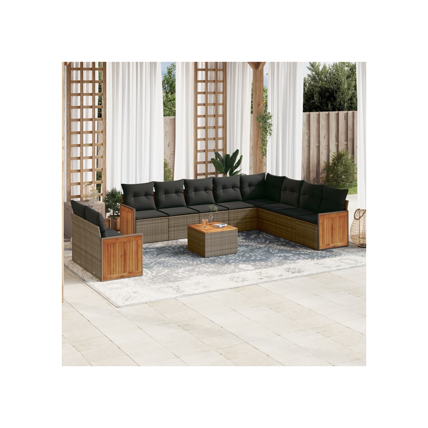 Salon de jardin 11 pcs avec coussins gris résine tressée