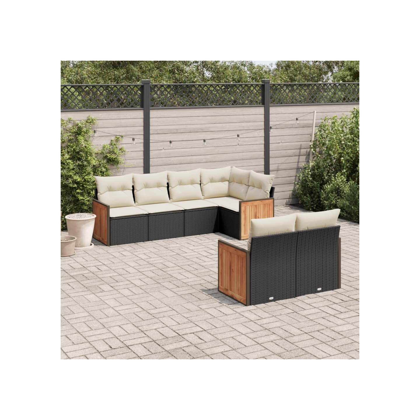 Salon de jardin 7 pcs avec coussins noir résine tressée