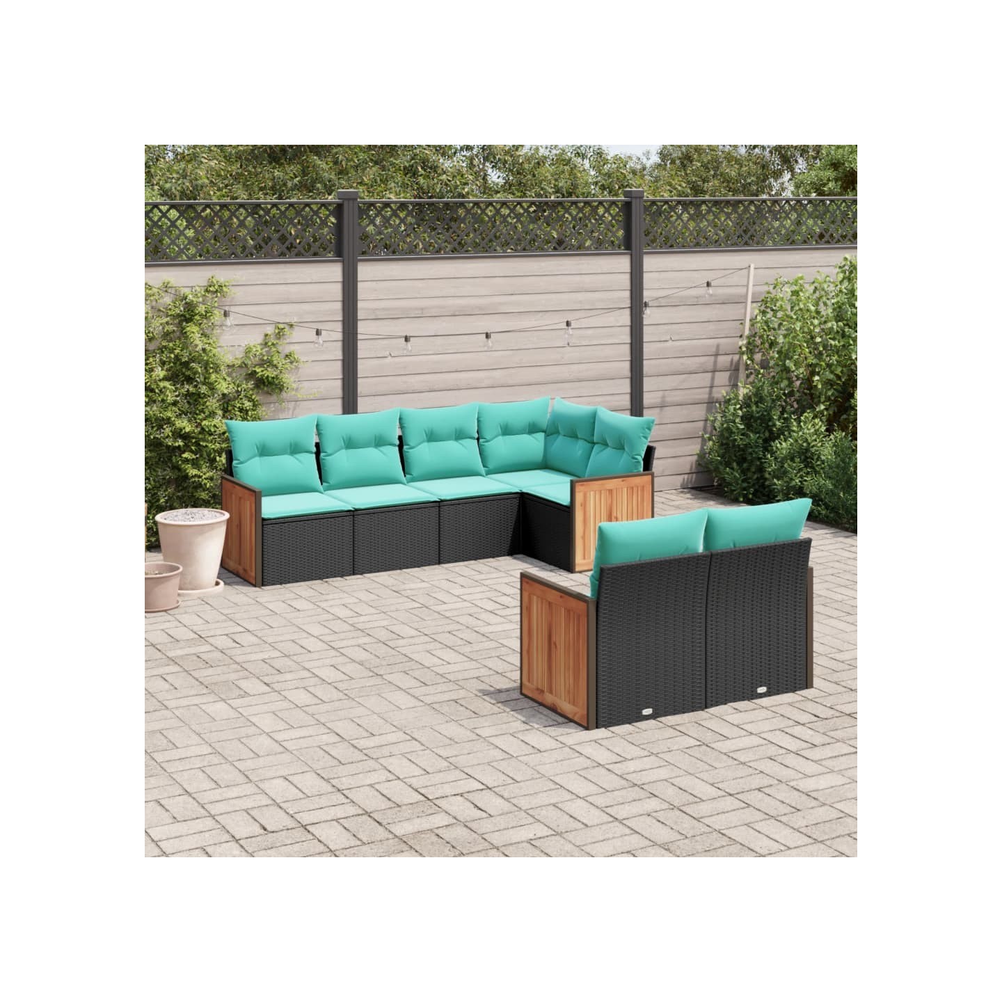 Salon de jardin 7 pcs avec coussins noir résine tressée