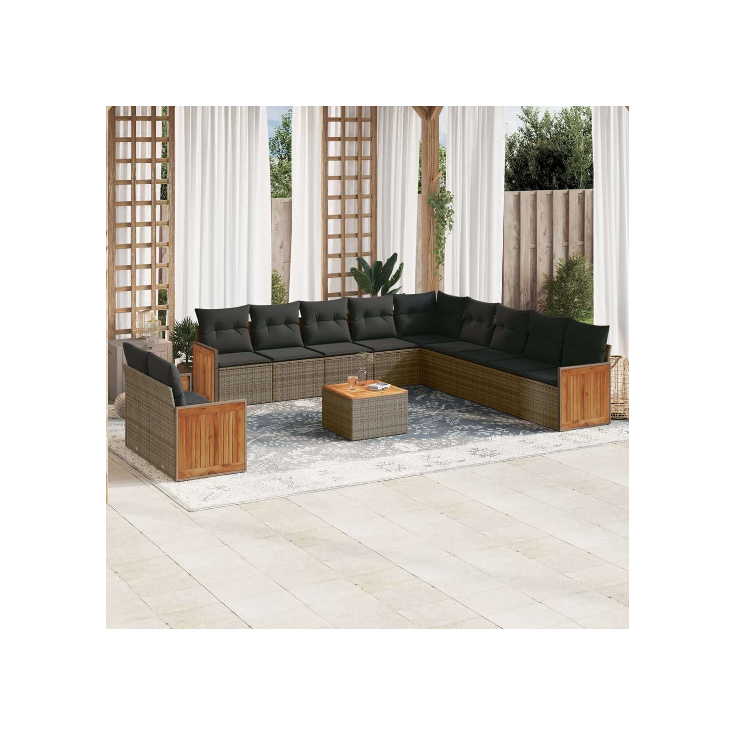 Salon de jardin avec coussins 12 pcs gris résine tressée