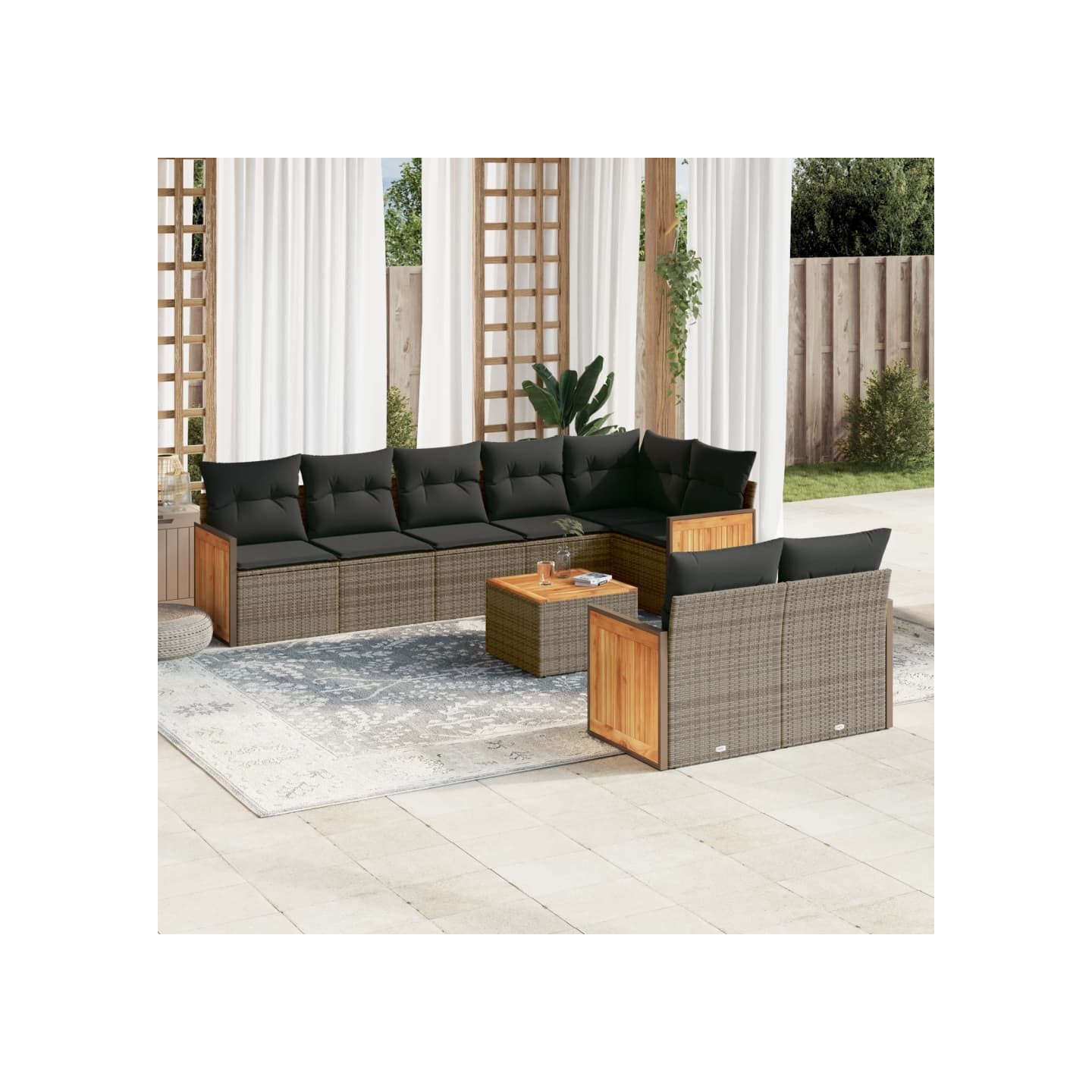 Salon de jardin 9 pcs avec coussins gris résine tressée